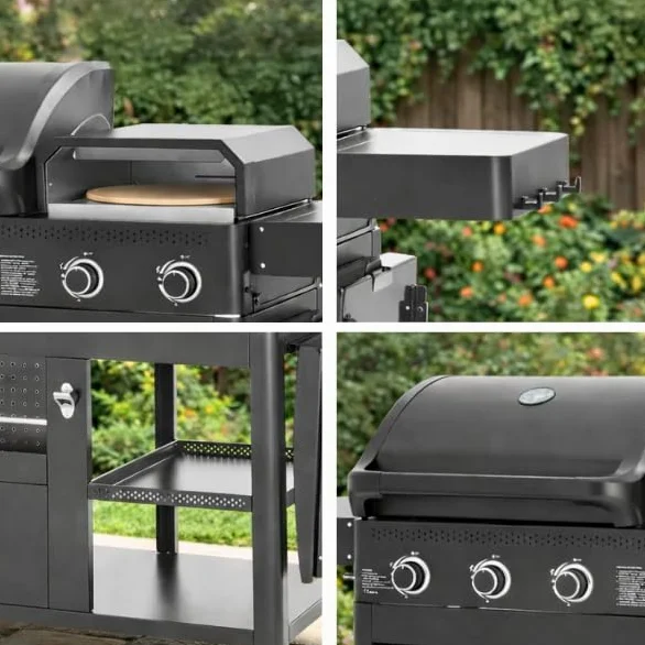Cook'in Garden - Barbecue Gaz FLAMY, 3 en 1, Plancha + Four à Pizza + barbecue gaz 3 brûleurs, Grilles en fonte émaillée