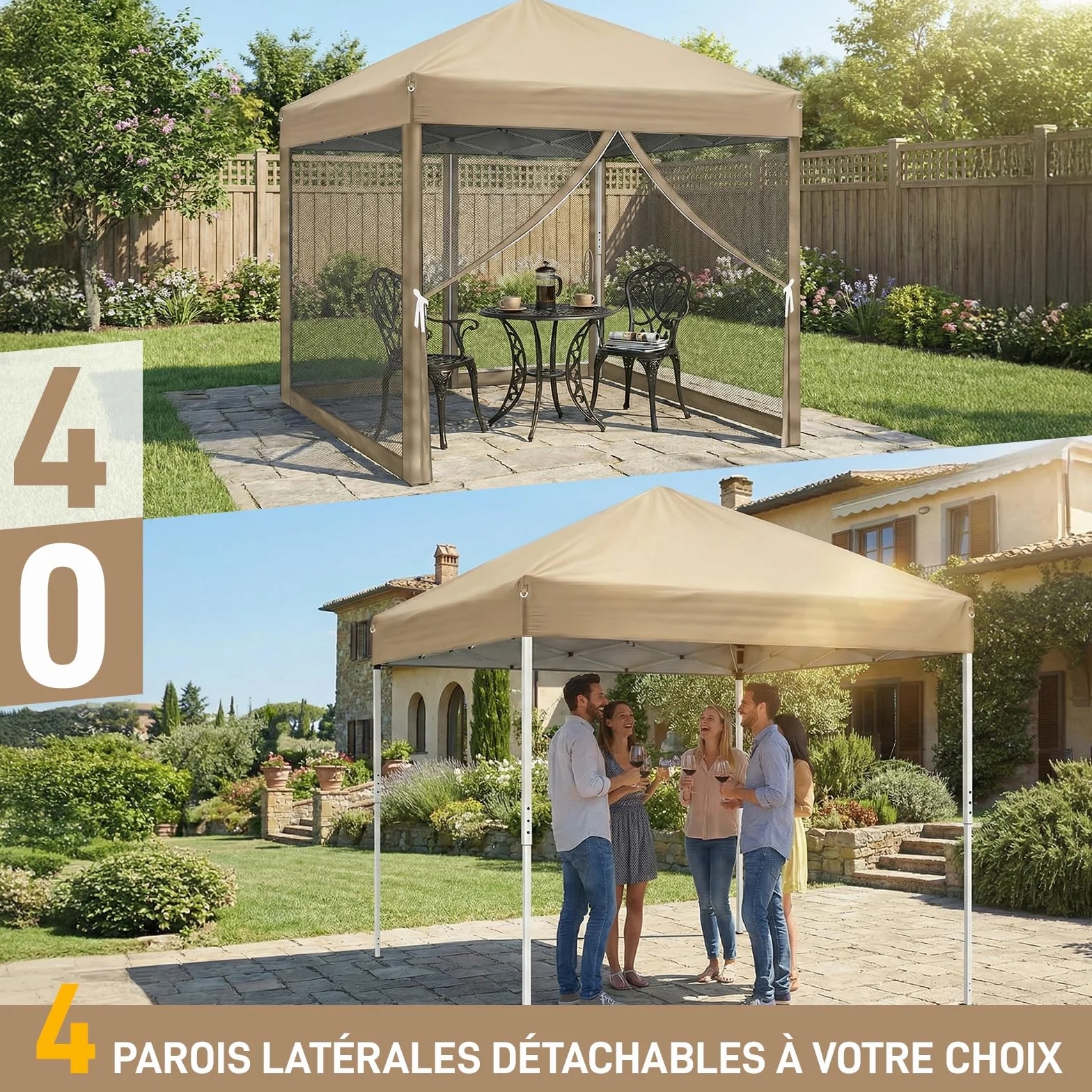 LEADZM Tonnelle Pliable 3x3 m Imperméable Anti-UV 50+, Hauteur Ajustable avec 4 Moustiquaires, Structure Stable, pour Jardin, Terrasse, Camping Et Usage Professionnel,Kaki