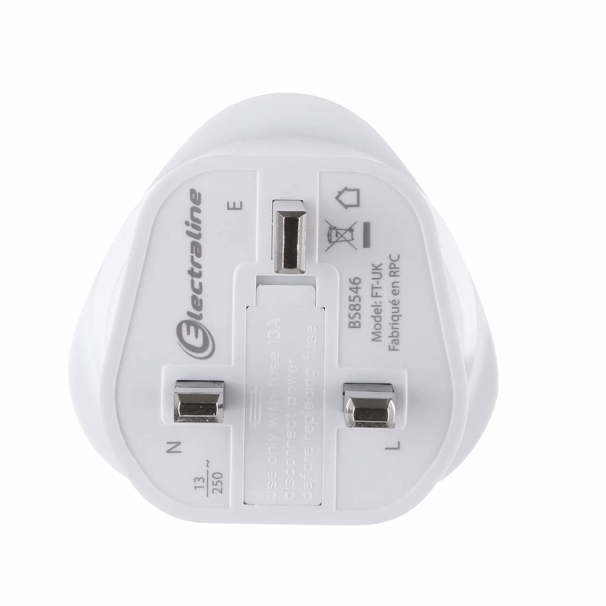 Electraline Adaptateur de voyage France/Europe vers UK 2 Broches Europe vers 3 Broches Uk, White