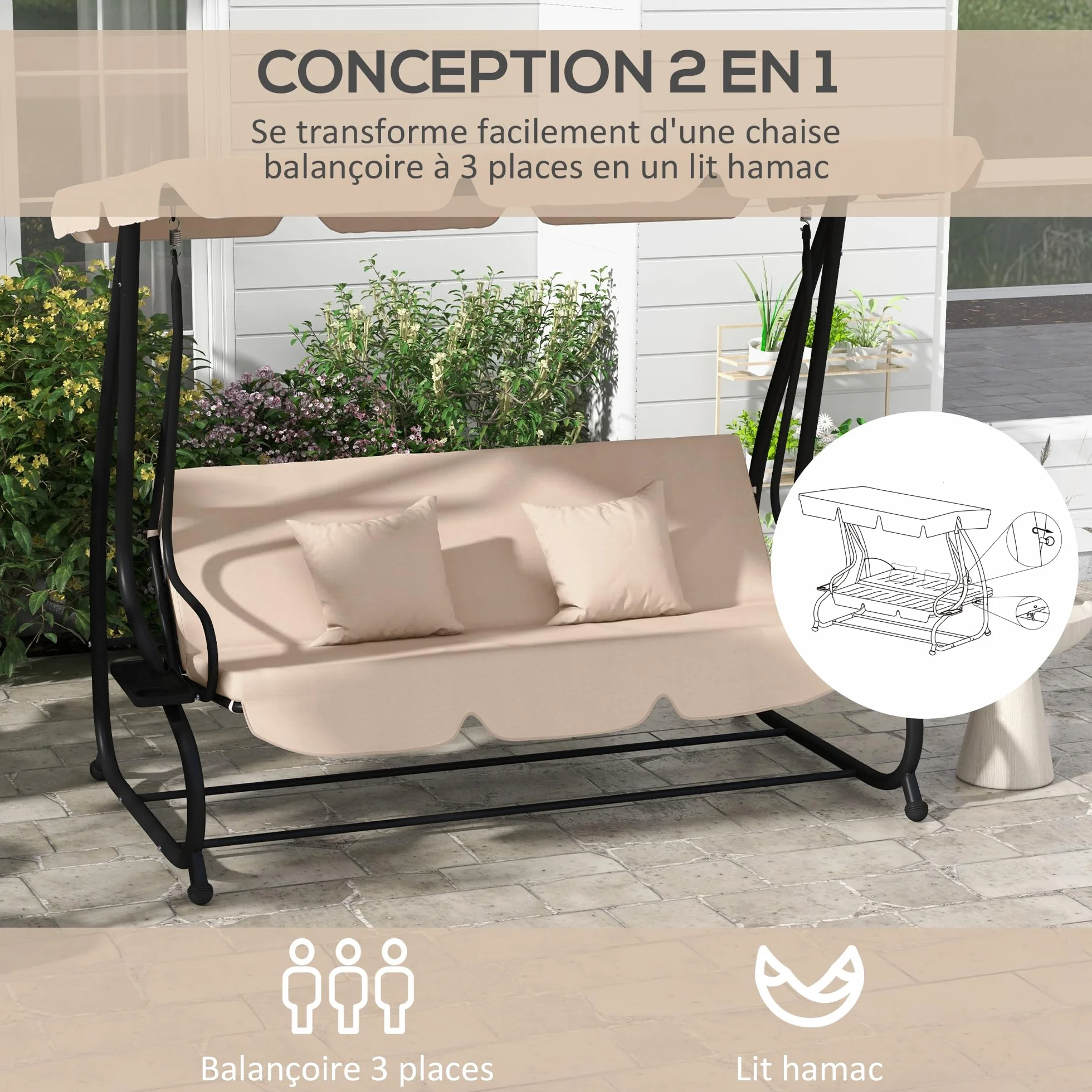 Outsunny Balancelle de Jardin 3 Places Convertible Toit Inclinaison réglable Métal Noir Polyester