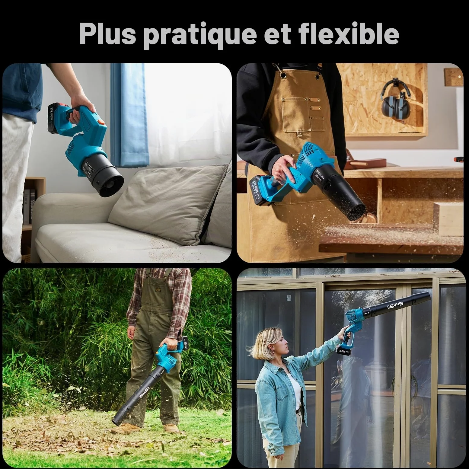 SEESII Souffleur à feuilles sans fil avec 2 batteries de 4,0 Ah et chargeur, 5 niveaux de rotation, souffleur électrique d'extérieur pour jardinage, nettoyage des feuilles, léger pour cour, terrasse