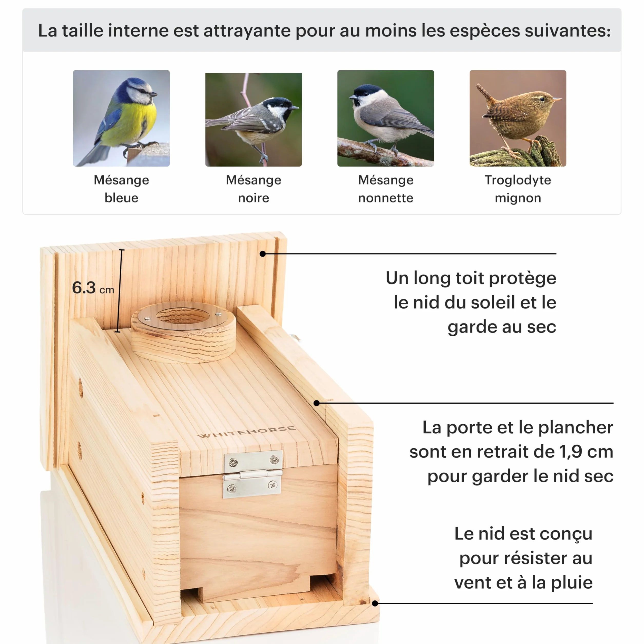 WHITEHORSE Nichoir Maison d'oiseaux Qualité Certification Observation Espèces européennes