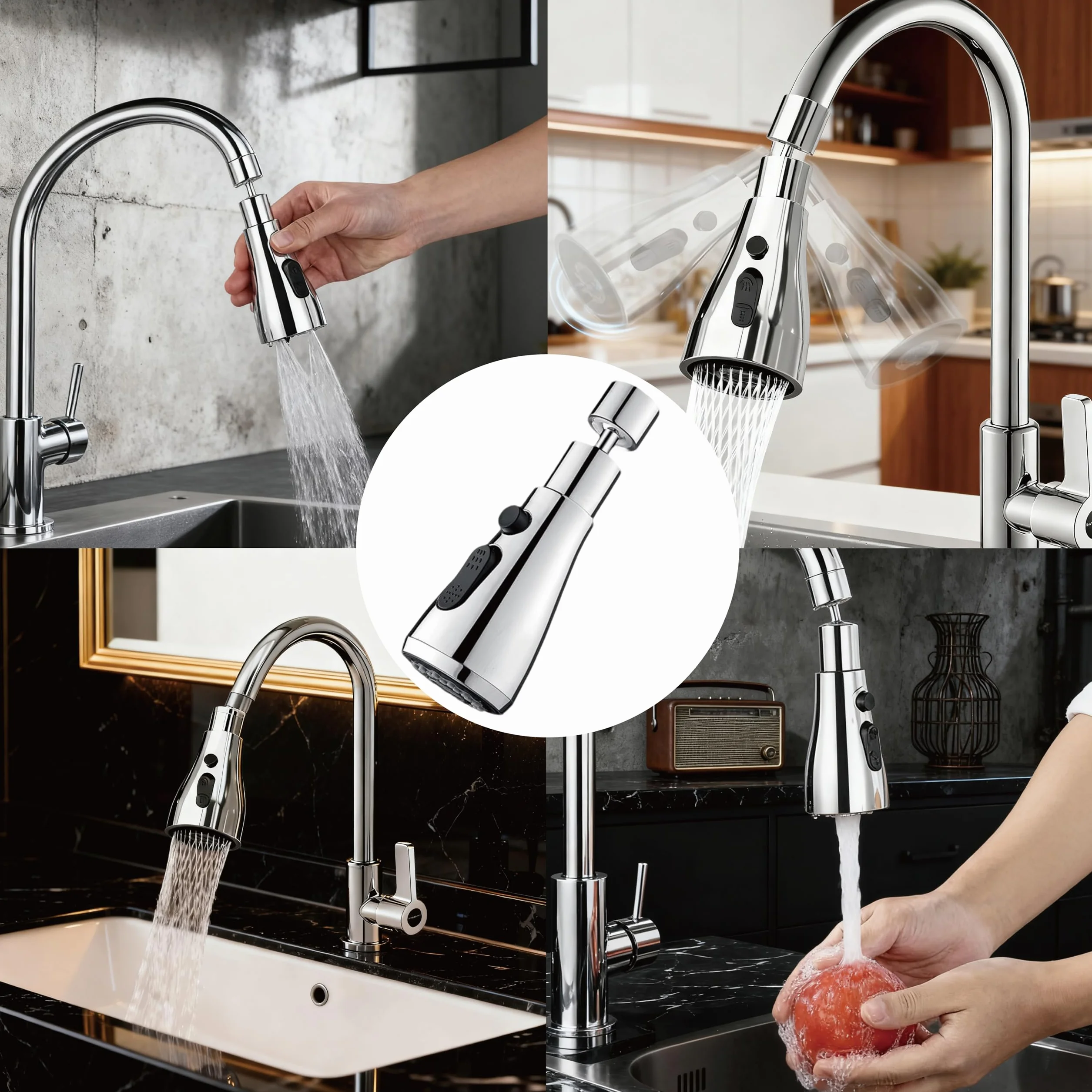 Mitigeur Cuisine 360° Rotatif 3 Modes Douchette Évier Anti-Éclaboussures Adaptateurs Multi-Tailles