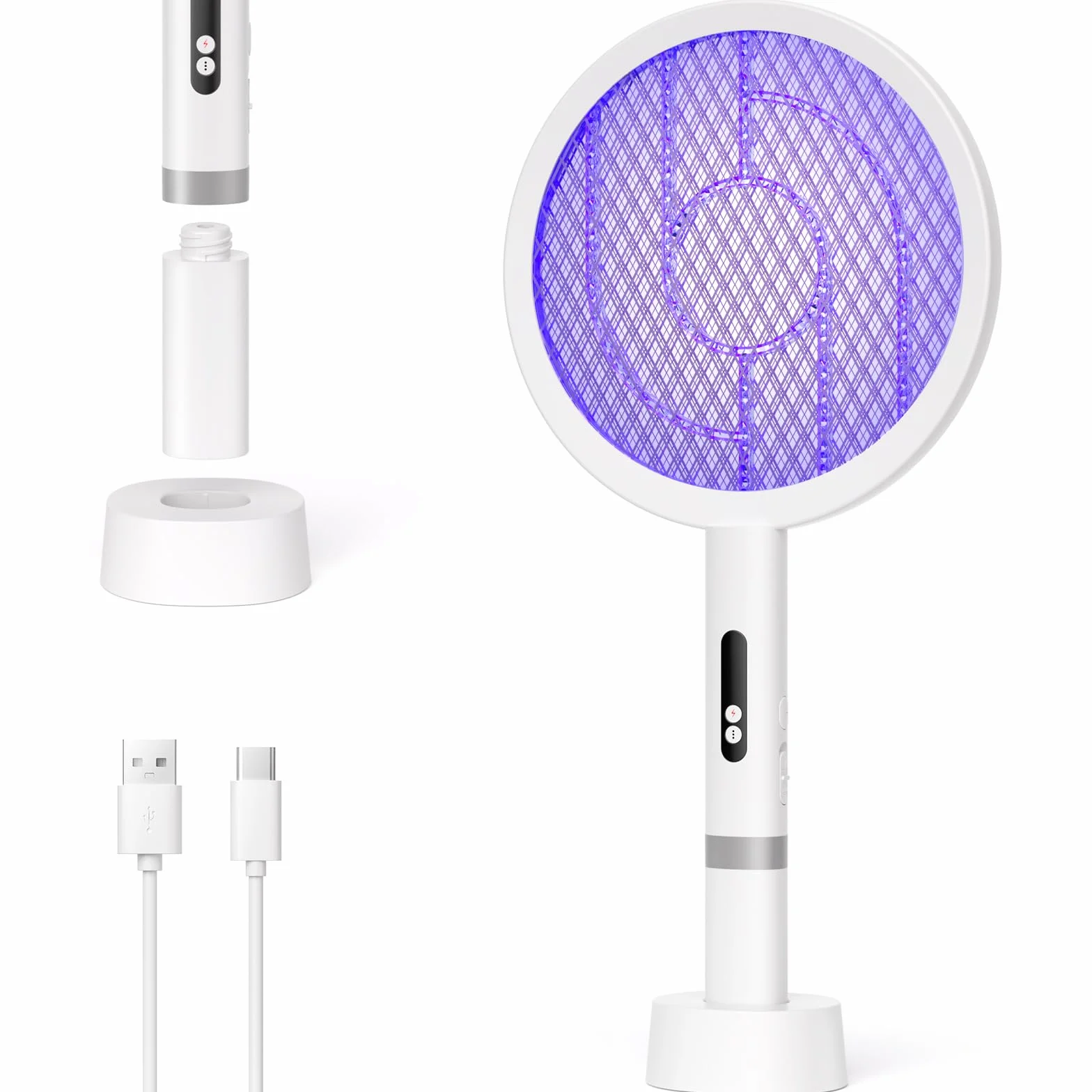 YISSVIC Raquette Electrique Insectes, Raquette Anti Moustique 1800mAh Tapette Puissante 4000V ave Base Rechargeable Chargement USB-C Lutte Contre Moustiques Mites Fourmis Volantes, Blanc