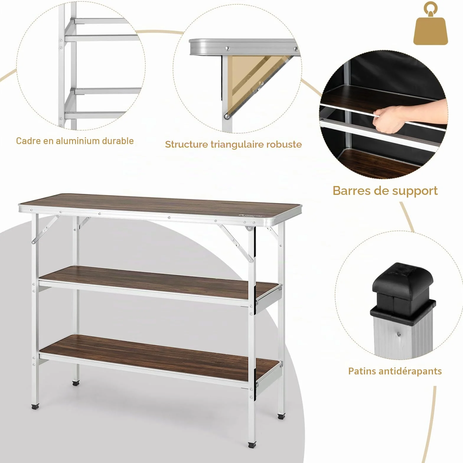 Table de Camping Pliante Aluminium KOMFOTTEU avec Sac Rangement 3 Niveaux Brun