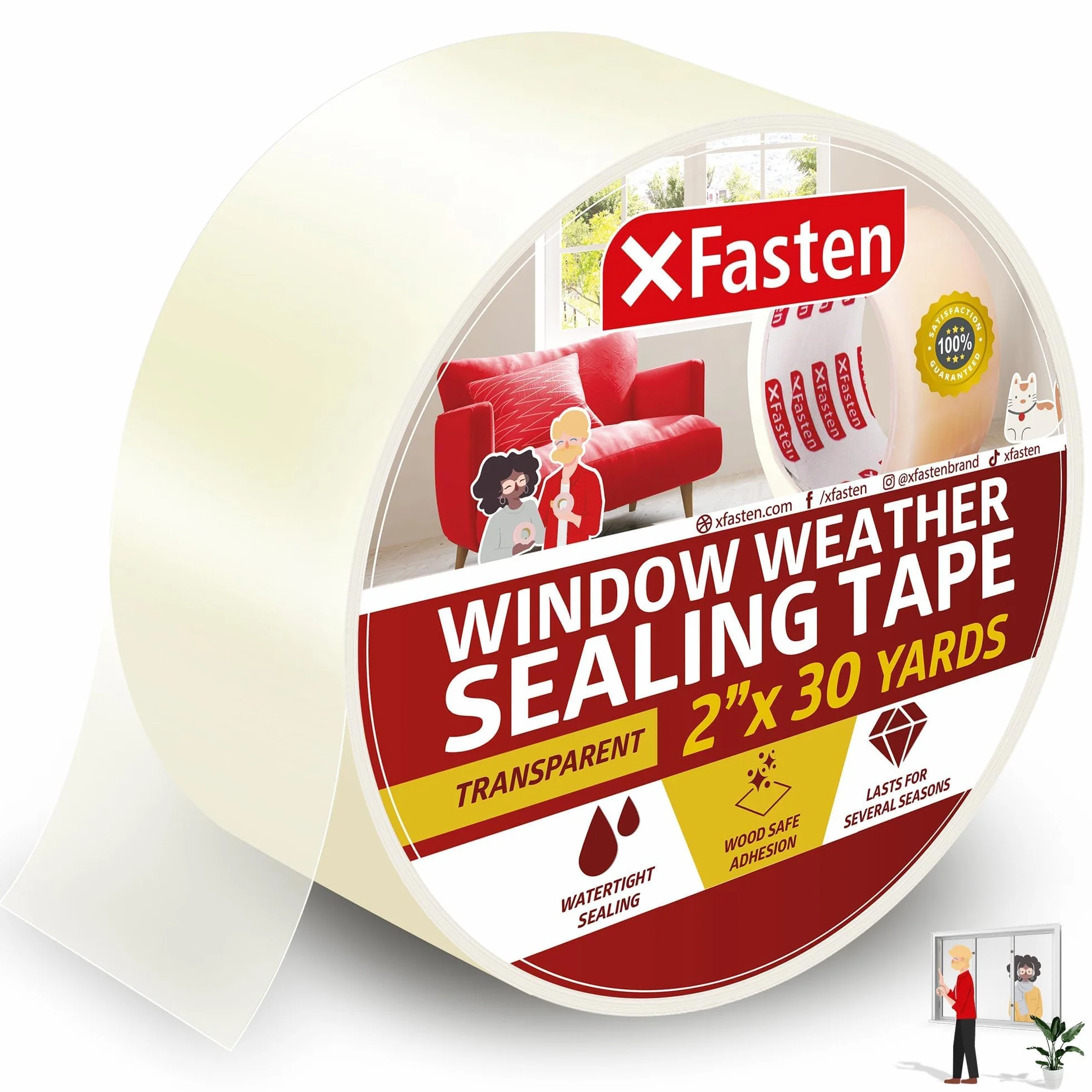 XFasten Ruban d'étanchéité transparent pour fenêtres 2 pouces x 30 yards 50.8mm x 27.43m isolation courants d'air sans résidu