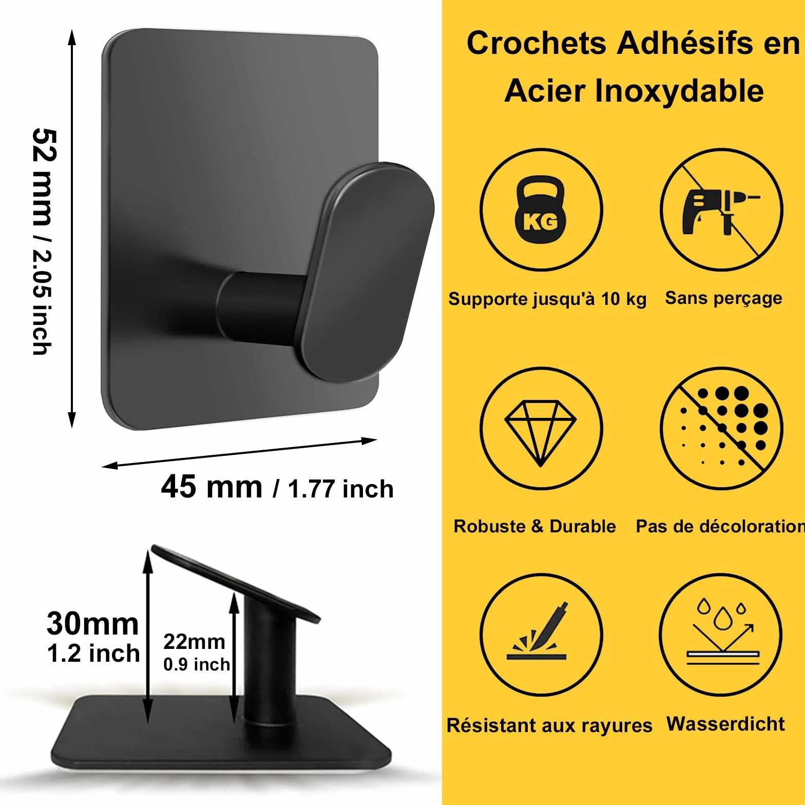 Crochet Adhésif Mural Acier Inoxydable Noir 4 Pièces Porte Manteau Porte Serviette Salle de Bain