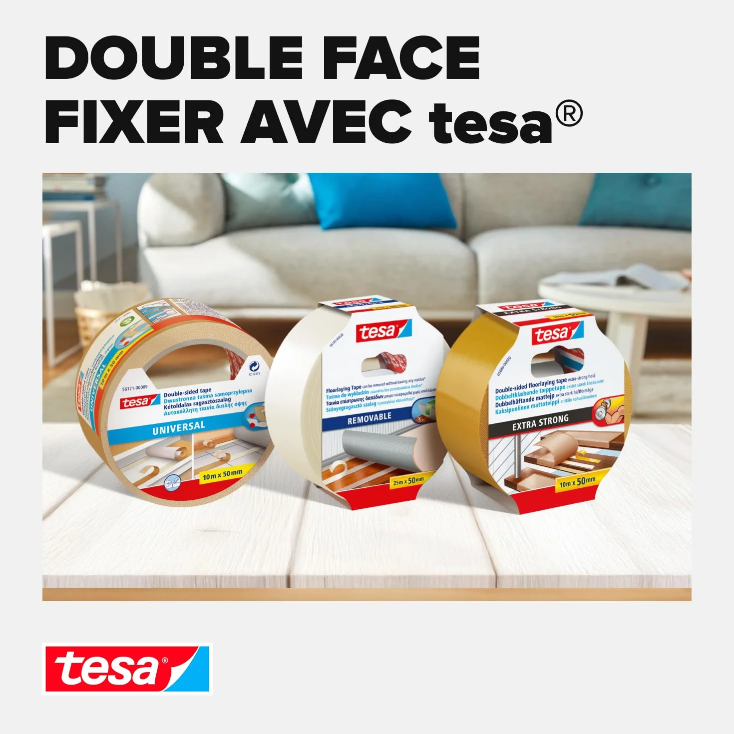 tesa Ruban Adhésif Double Face Fixation Sols Irréguliers Auto-Adhésif Antidérapant Moquette PVC 10 m x 50 mm