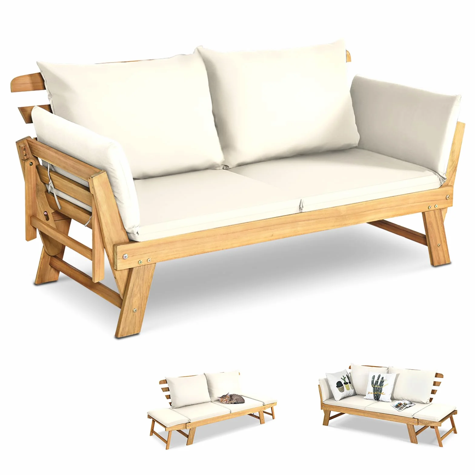 GOPLUS Canapé Lit de Jardin Extensible 2 Places Charge 320 KG, Accoudoirs Réglables, Coussins & Dossier Amovibles, Cadre en Bois d’Acacia Massif, pour Terrasse, Balcon, Parc, Patio (Blanc)