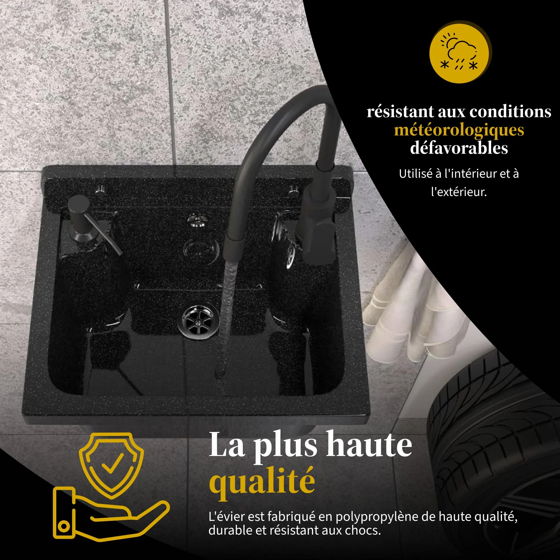 Évier extérieur Buanderie Lavabo extérieur siphon polypropylène noir GRANITAN