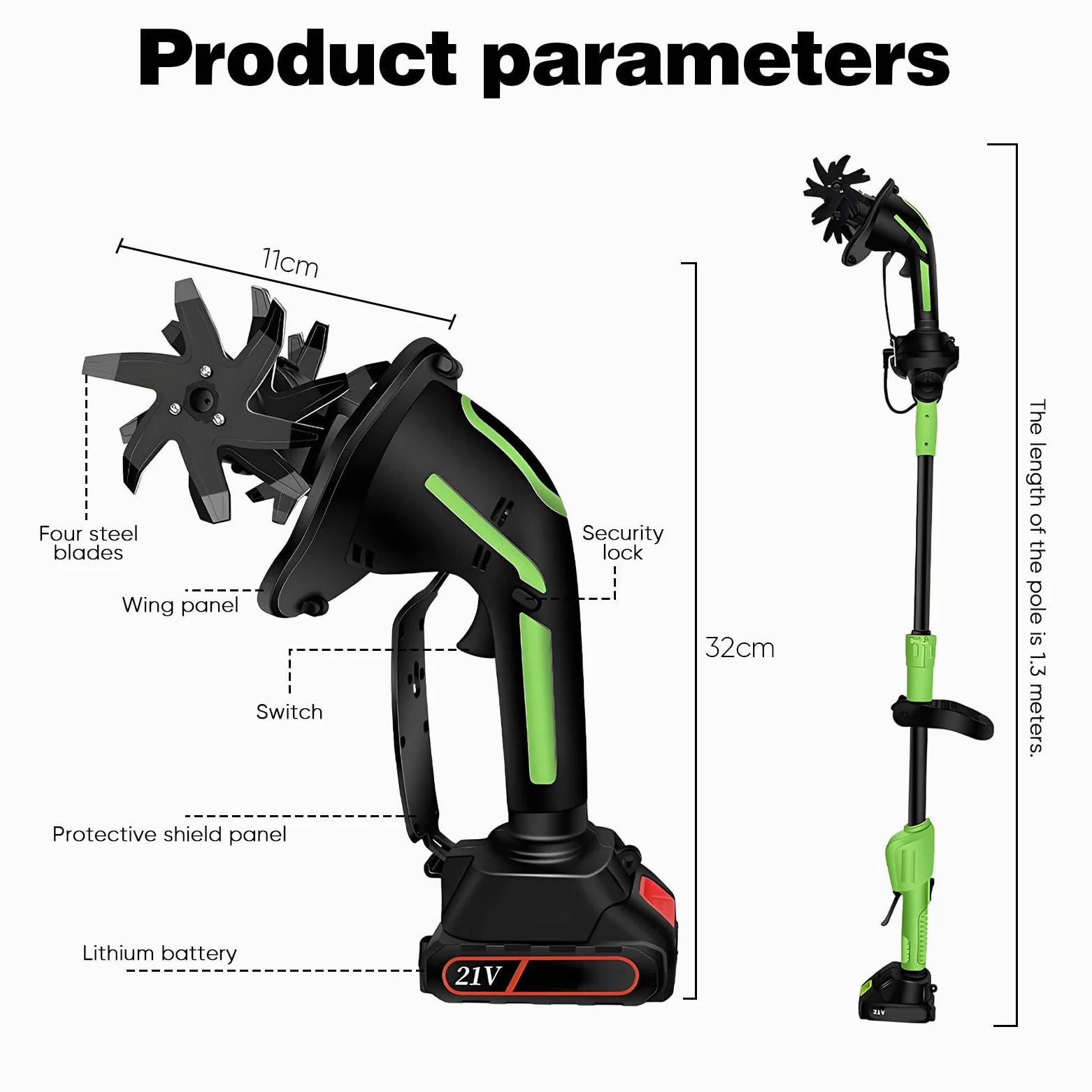 Motobineuse sans Fil,21V Motobineuse Electrique,Largeur/Profondeur De Travail 10/10 Cm, Manche de 1,3m, Portable Motoculteur avec Batterie, pour Jardin,Champ LéGumes,Serre,Verger (2 Batterie)