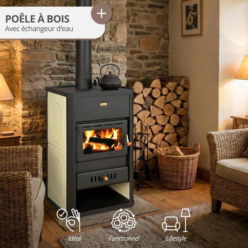 Prity S1 W10 Poêle à bois avec gaine d'eau 10 kW Chauffage central Certifié CE