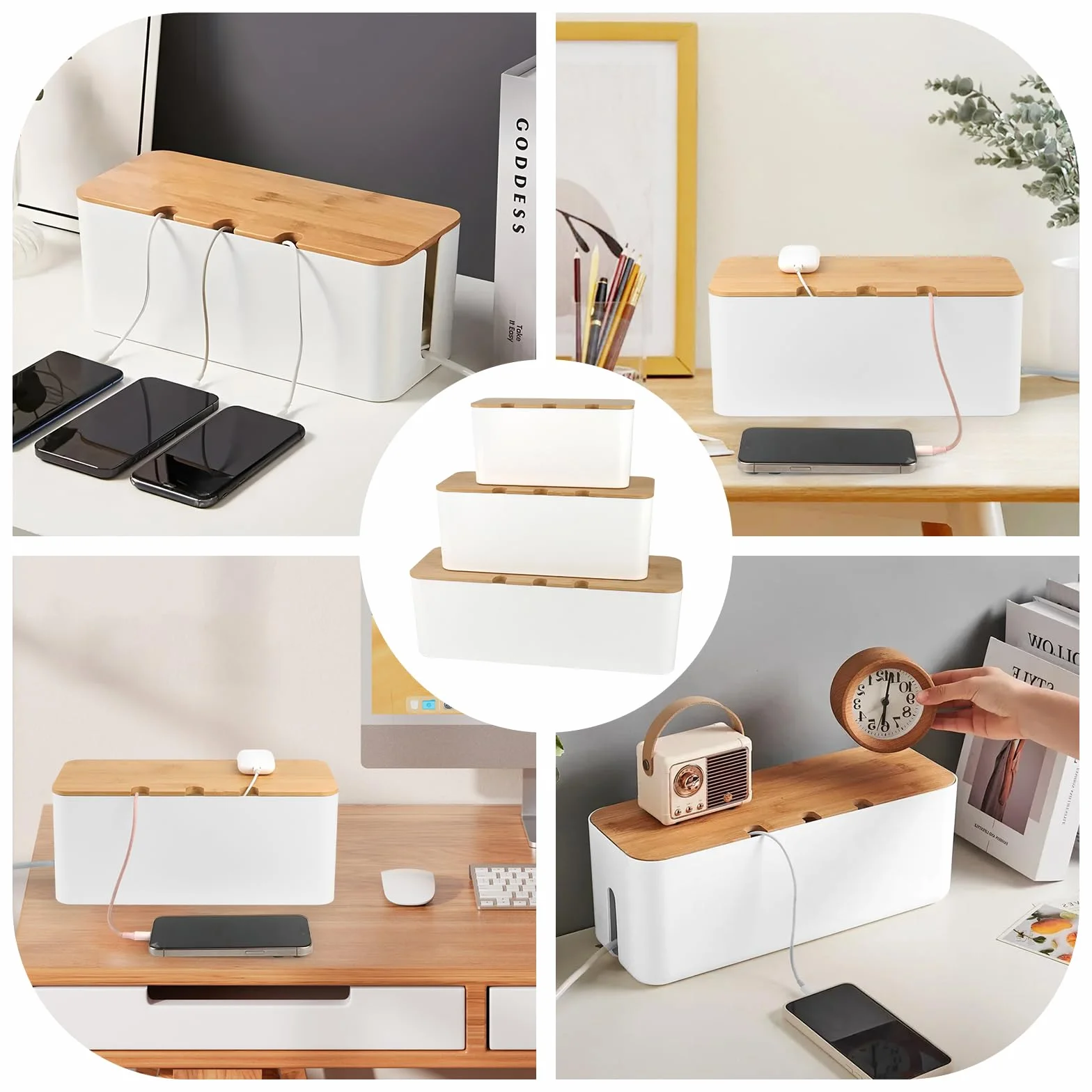 Lot de 3 Boîte de Rangement de Câbles en Bambou, Gestion des Câbles avec Couvercle, Cache-Câble Électrique, 3 Tailles