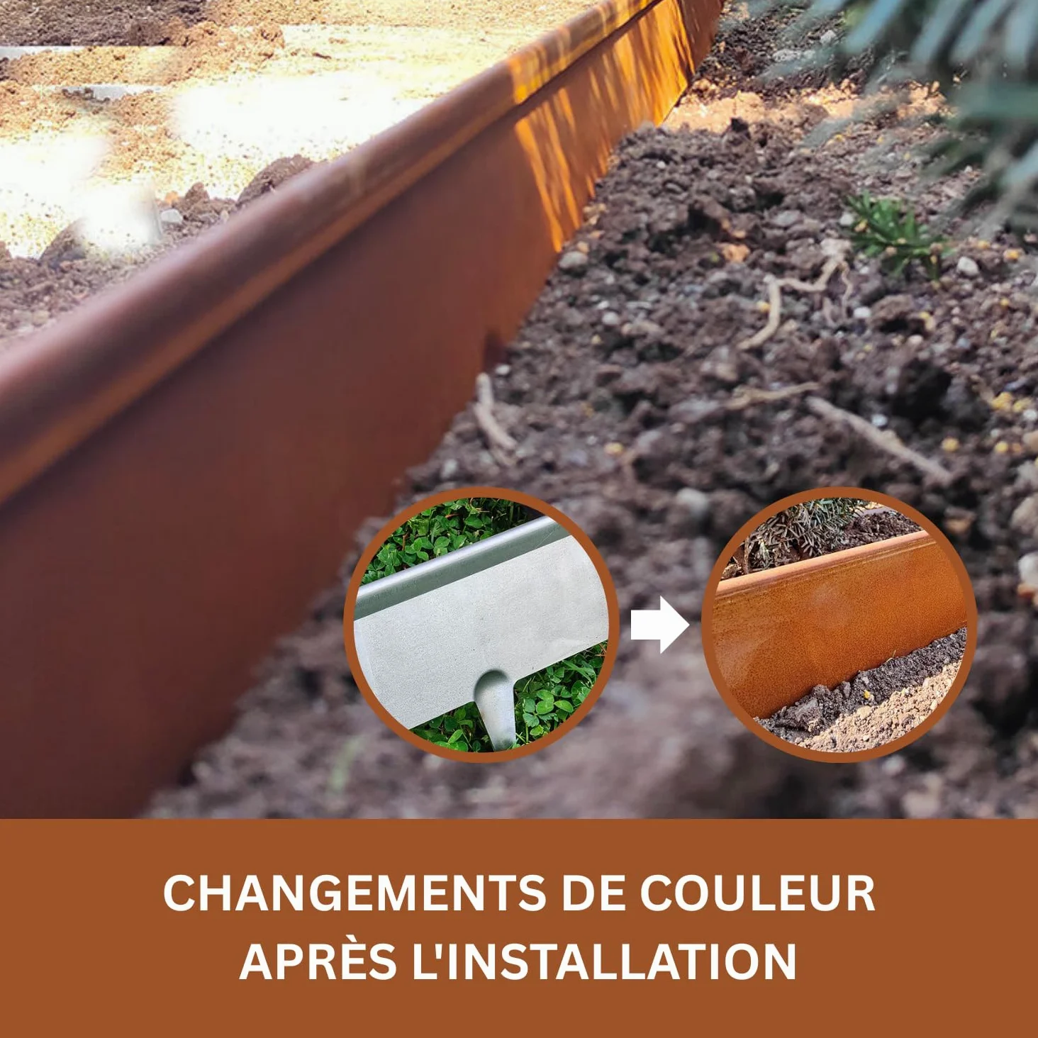 RoRi Bordure de pelouse en Acier Cortenstahl 10 m - 10 cm de Hauteur - Dessus Arrondi - 10 x 1 m Bordure - Pliage des Bordures de pelouse - Clôture pour vergers Marron