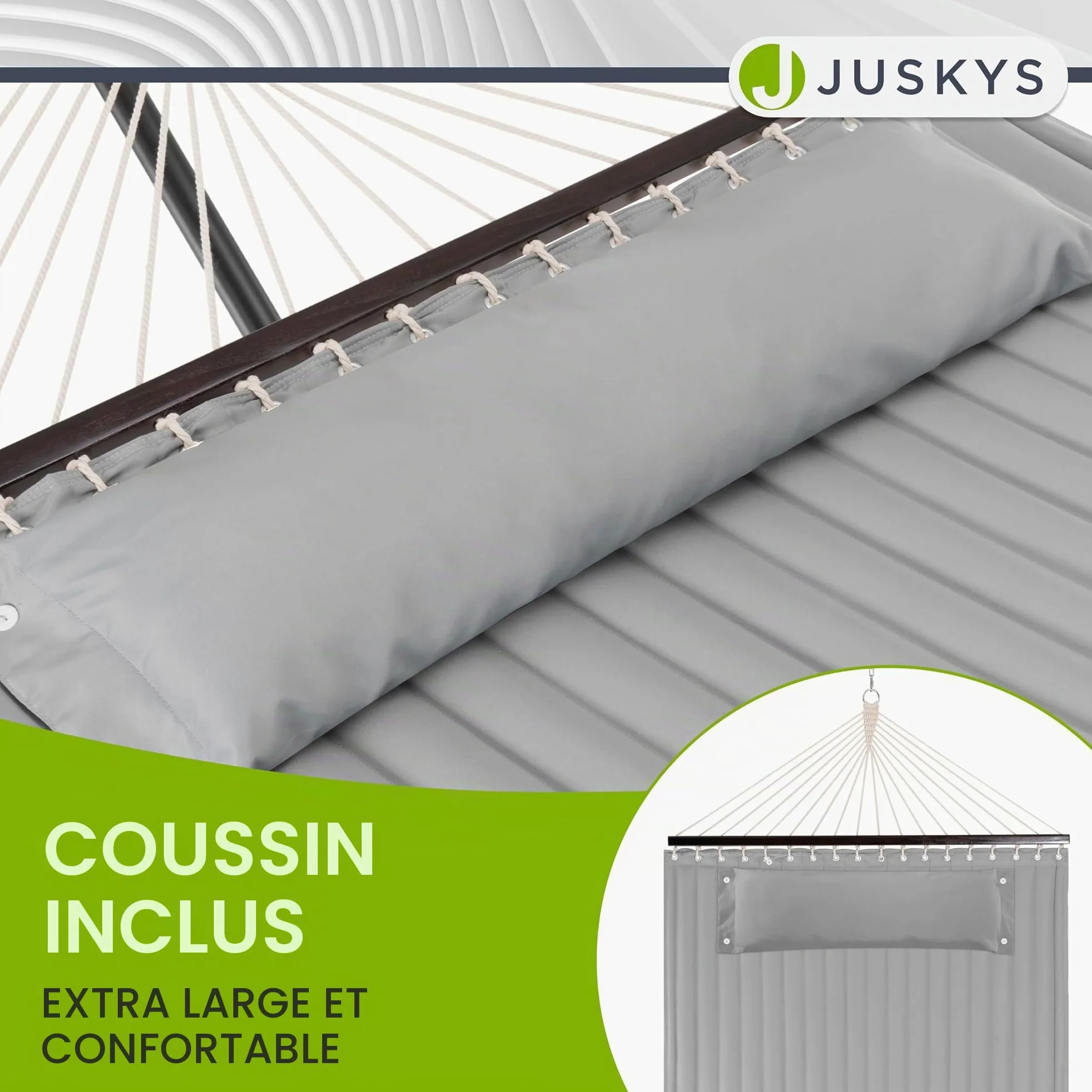 Hamac Cata de Juskys avec châssis et Coussin - hamac Double d'extérieur, pour 2 Personnes - hamac Double avec châssis, supportant jusqu'à 200 kg - Gris Clair