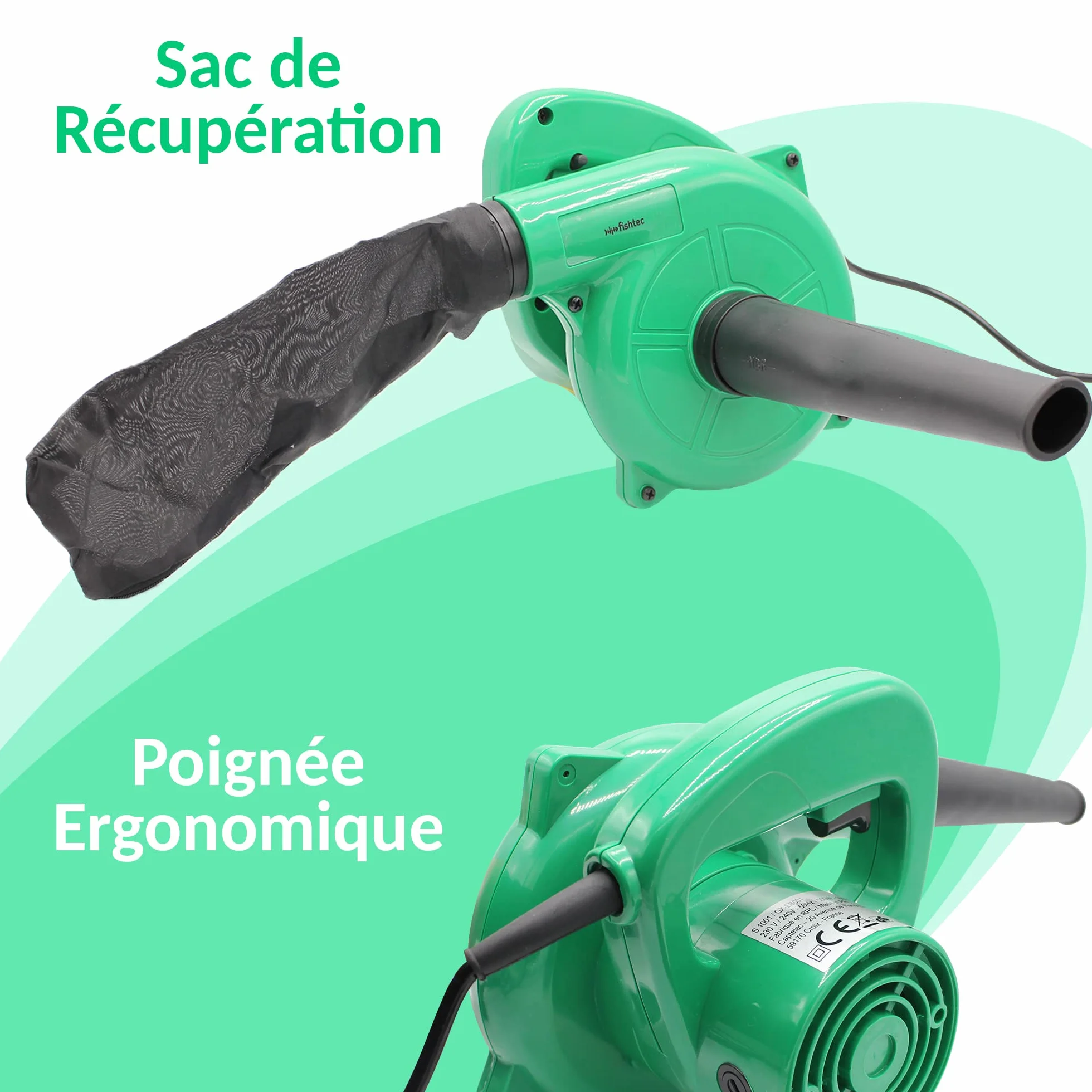 FISHTEC Mini Souffleur Aspirateur 2 en 1 500W Électrique avec Sac Feuilles Jardin