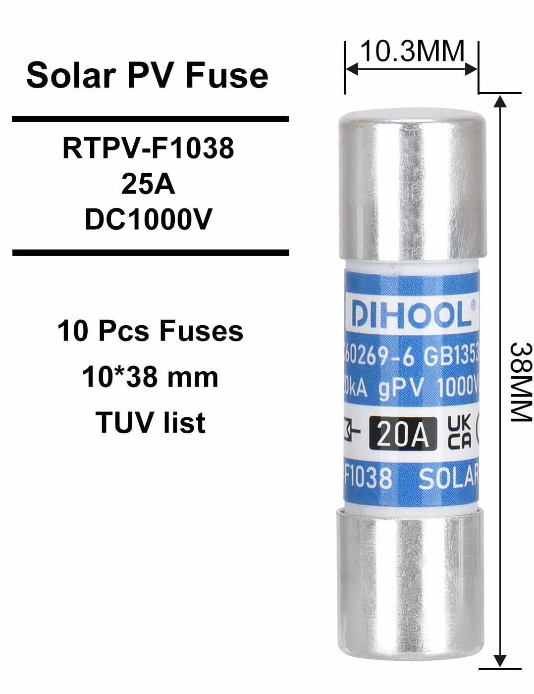 DIHOOL fusible photovoltaïque 25A DC 1000V 10x38 20kA tube solaire (paquet de 10)
