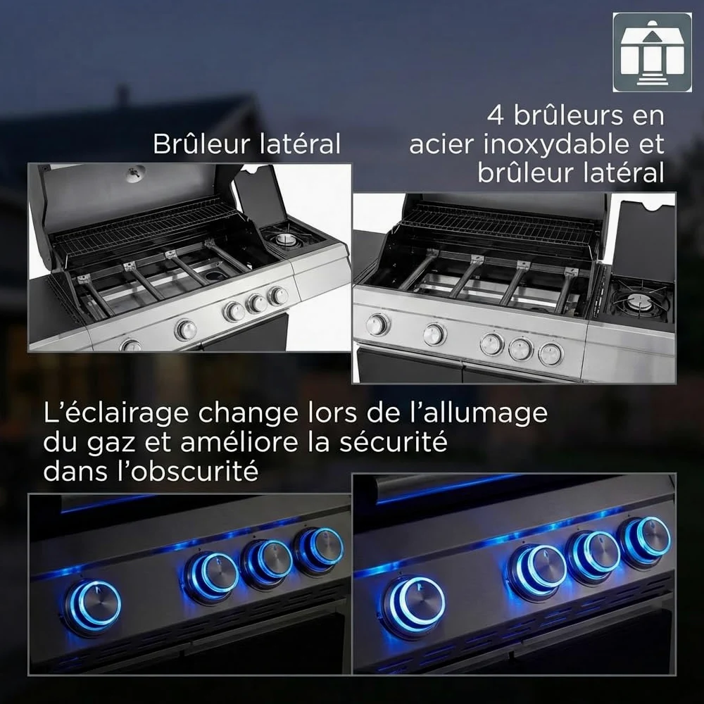 Tarrington House Barbecue à Gaz Paxton, 4 Brûleurs + 1 Latéral, Acier/Acier Inoxydable, 17 kW, Couvercle avec Thermomètre, Table latérale, Allumage électrique, Roulettes, Noir