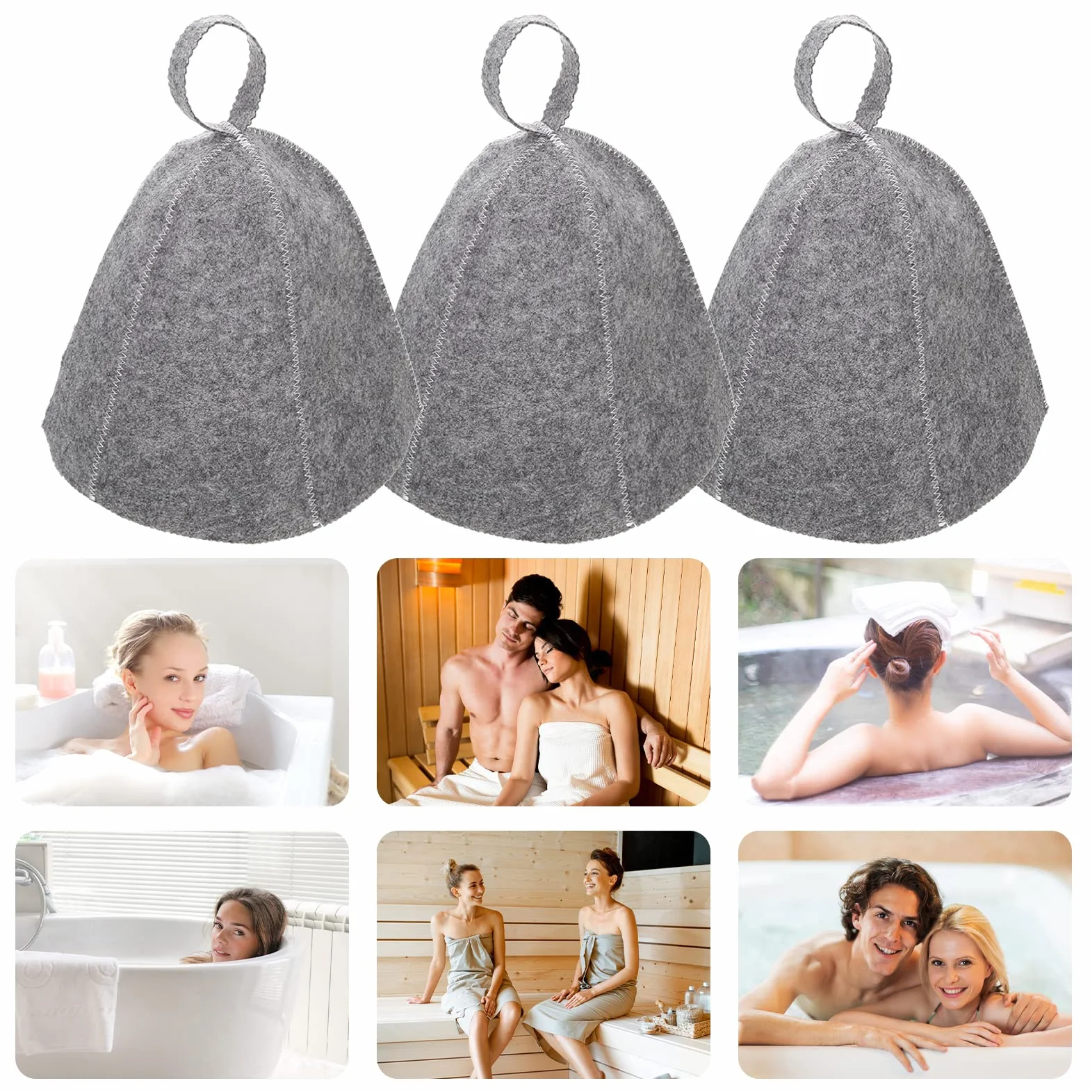 Bonnet de Sauna en Feutre Gris 3 Pièces pour Femmes et Hommes