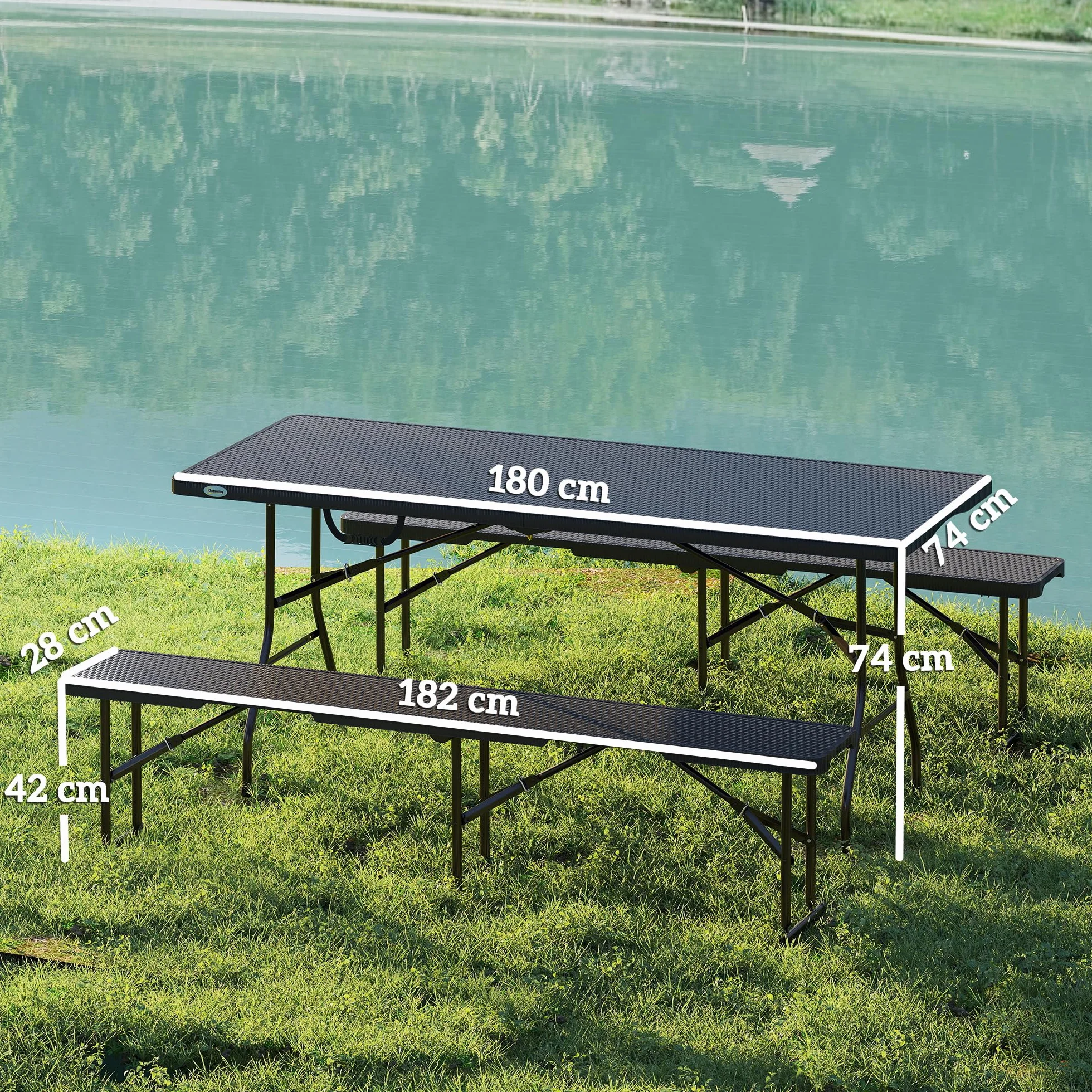 Outsunny Table Pliante Pique-Nique 180 cm Banc Camping Noir Rotin
