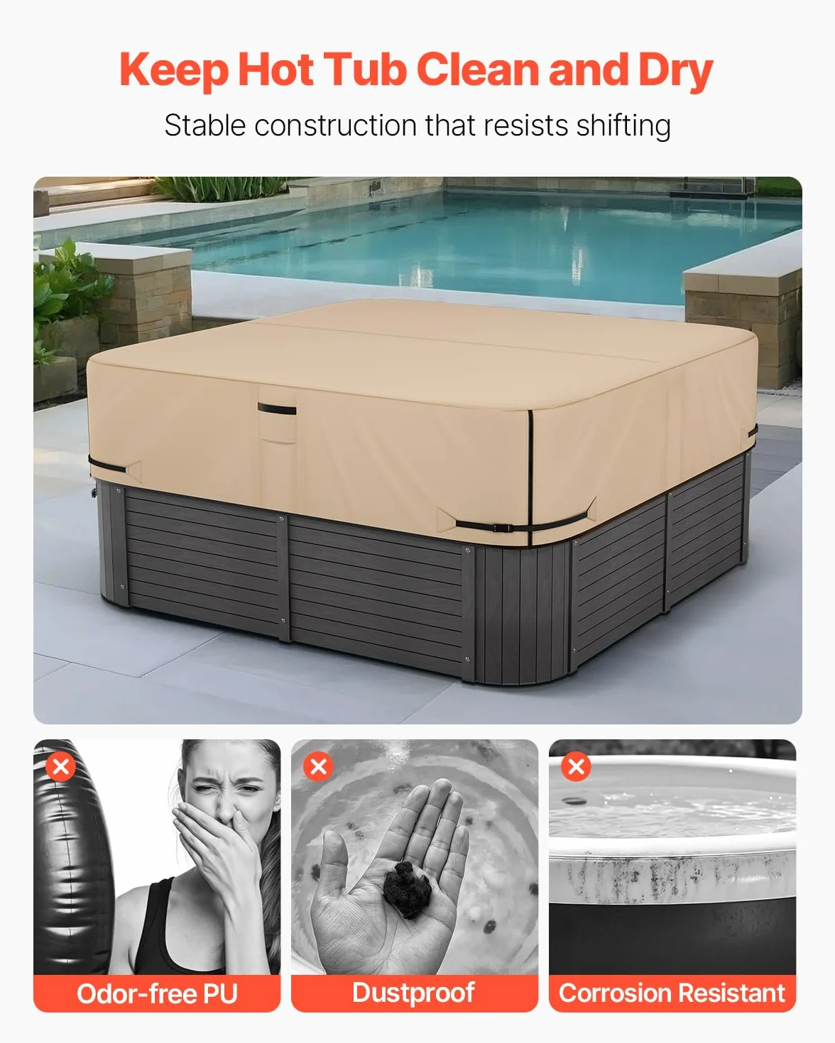 VEVOR Housse de Protection pour Spa extérieur, 2285 x 2285 x 508 mm, Couverture pour Spa, résistante aux intempéries et à l'eau, Tissu Oxford 600D Robuste et résistance à la déchirure 950N, Marron