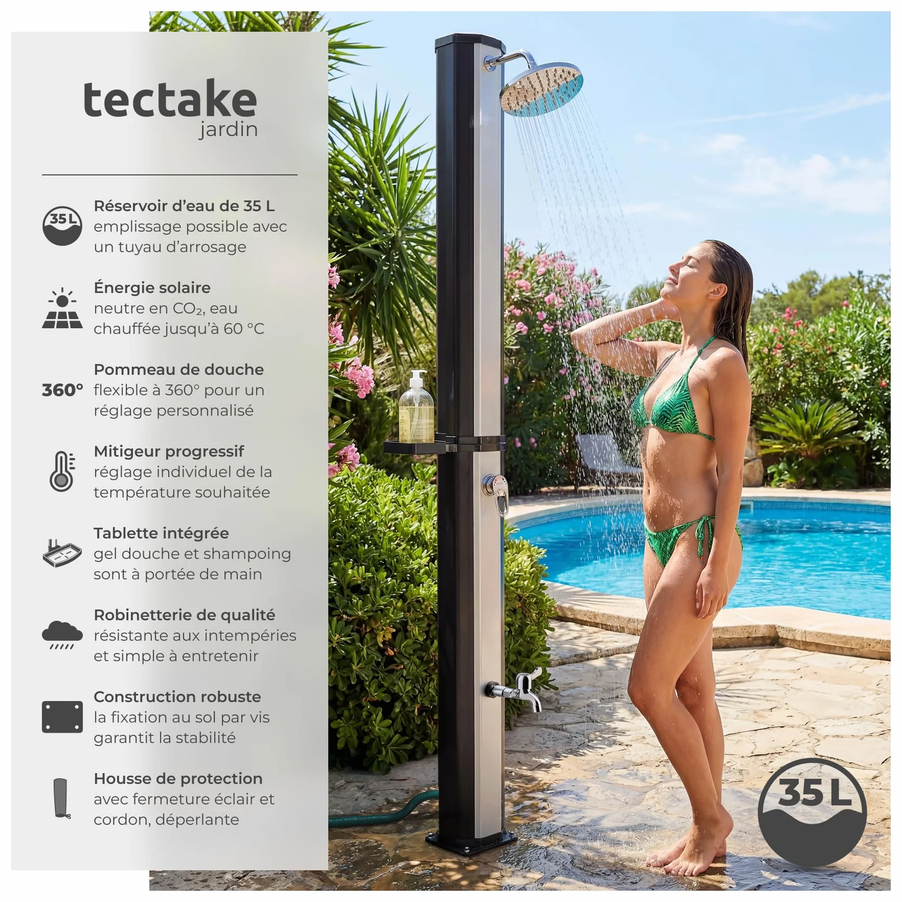 tectake Douche Solaire 35L multifonctionnelle Eau Chaude Pommeau de Douche Effet de Pluie Porte-Savon Housse de Protection Jardin Piscine Camping