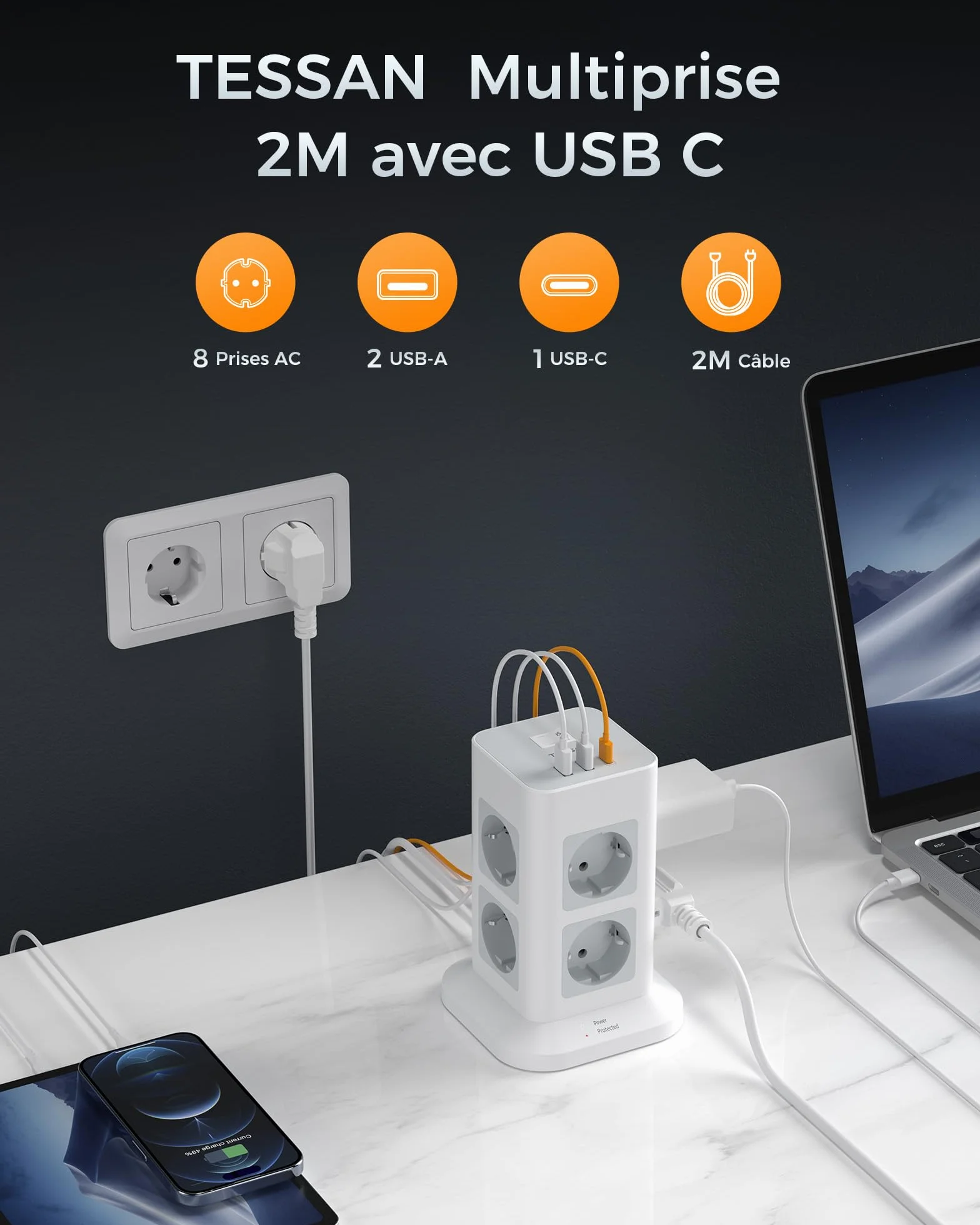 TESSAN 11 en 1 Multiprise avec Interrupteur, 8 Prises AC 3 USB, Parafoudre 3600W Rallonge 2M, Gris