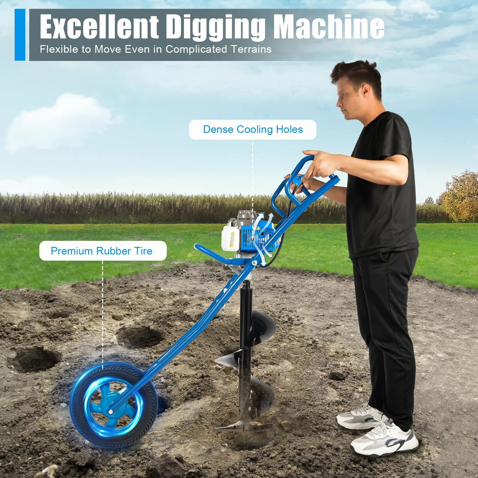 Tarière Thermique 63cc 2 Temps, 2.2KW Tariere Thermique avec Roue, Forage 300mm ,Tarière à Main Outil CreuserTrou pour Agriculture, Jardin, Plantation