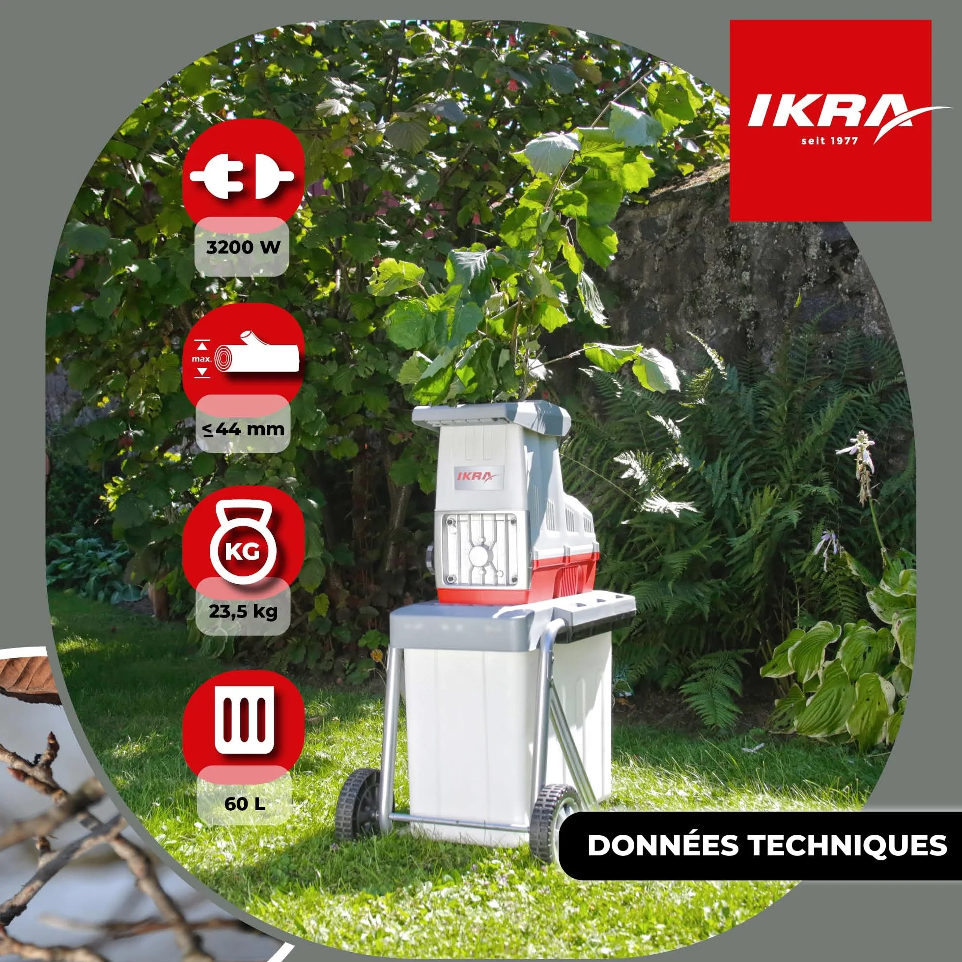 IKRA broyeur électrique ILH 3200 A - silencieux, robuste, peu d'entretien, puissance de 3200 W, épaisseur de branche jusqu'à 44 mm