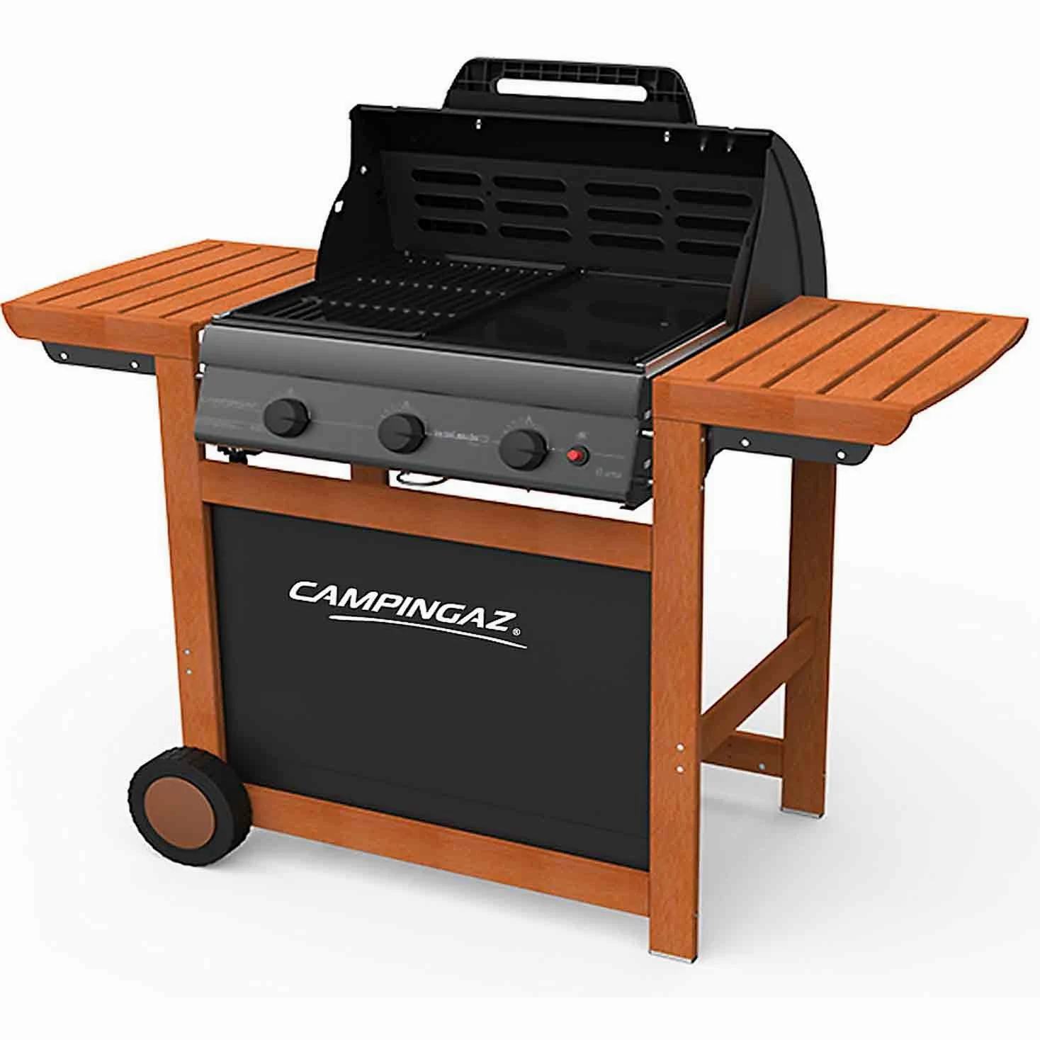 Campingaz Barbecue Gaz Adelaide 3 Woody L, 3 Brûleurs BBQ Gaz, Puissance 14kW, Grille et Plancha en Acier, 2 Tablettes Latérales