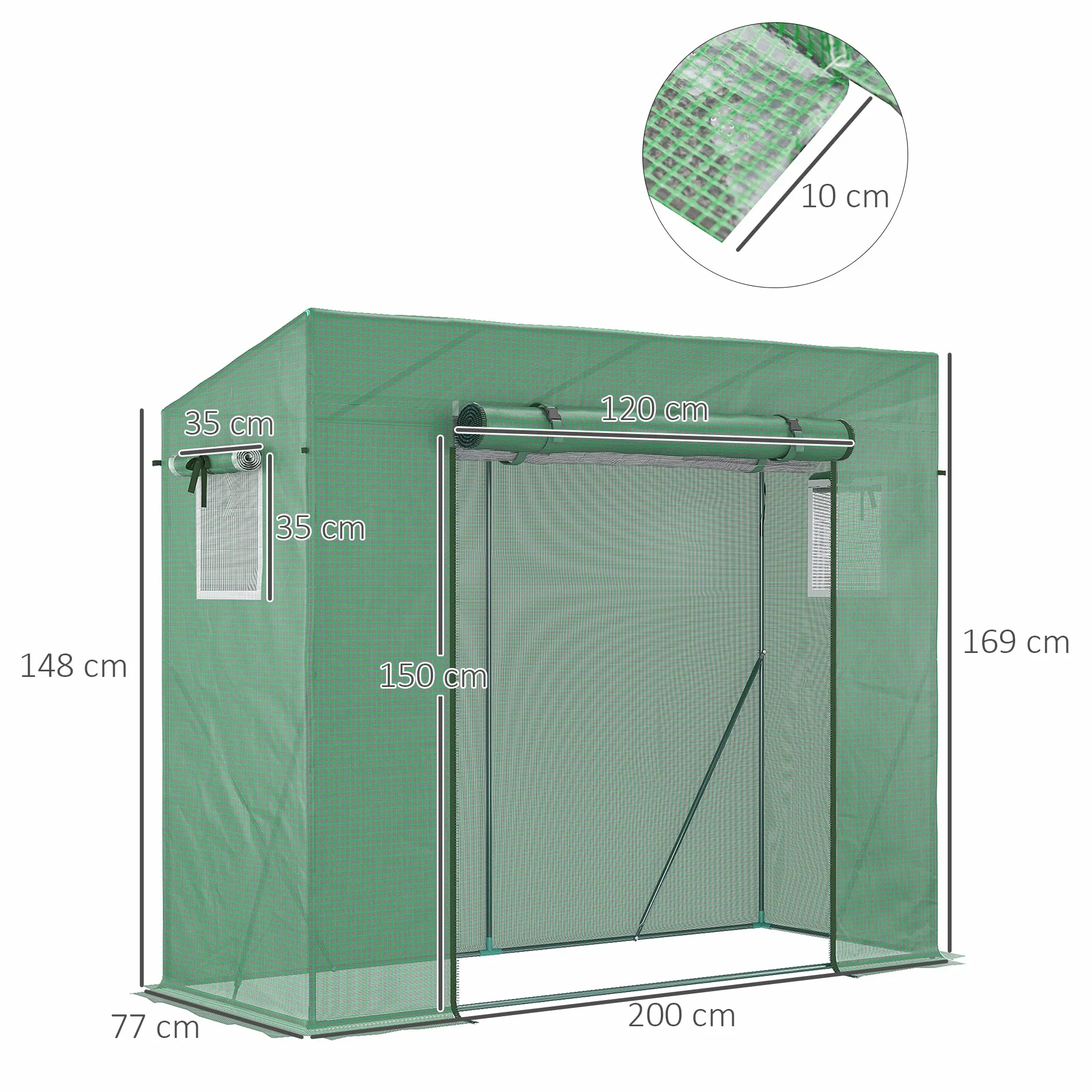 Outsunny Serre de Jardin PE, Serre de Balcon, bâche renforcée 140 g/m², châssis en Acier, Porte zippée Enroulable, pour légumes Plantes Fleurs, intérieur et extérieur, 200 x 77 x 169 cm, Vert