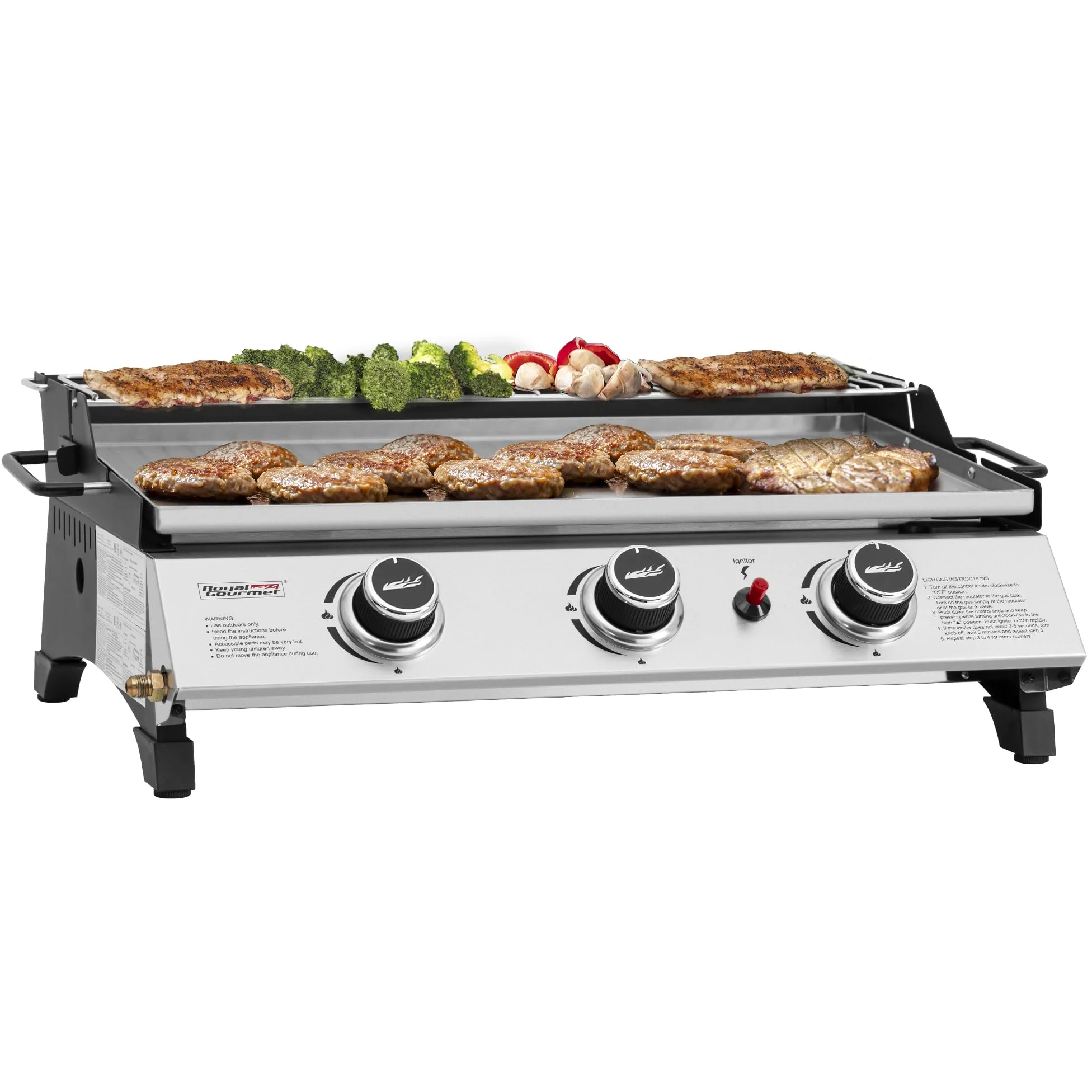 Royal Gourmet PD1303S – Plaque de cuisson à gaz portable de 61 cm avec plaque amovible pour barbecue au propane à 3 brûleurs, idéale pour la cuisine en plein air, comprend une grille chauffante et une
