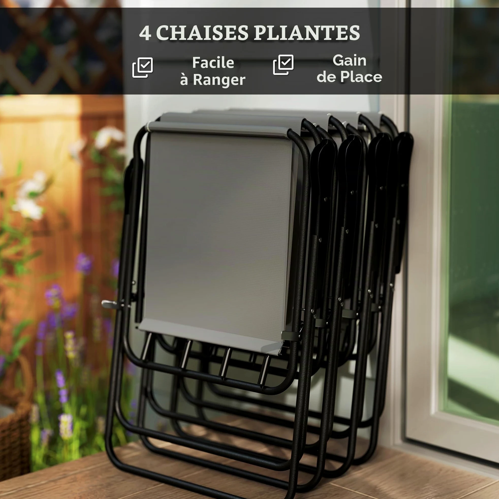 Outsunny Ensemble de Jardin de 6 Pièces avec Table et 4 Chaises Pliables en Textilene - Mobilier de Jardin Extérieur avec Table en Verre et Parasol pour Terrasse et Patio - Gris