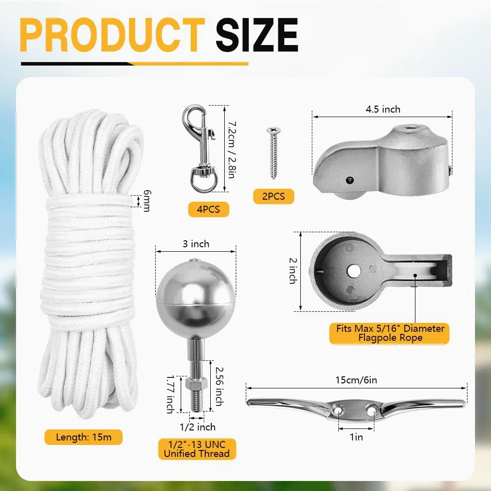 Kit d'accessoires pour mât de drapeau - Kit de réparation pour mât de 5,1 cm de diamètre - Avec boule, corde de 15 m, 4 mousquetons, cheville, surmatelas avec poulie pour décoration de jardin