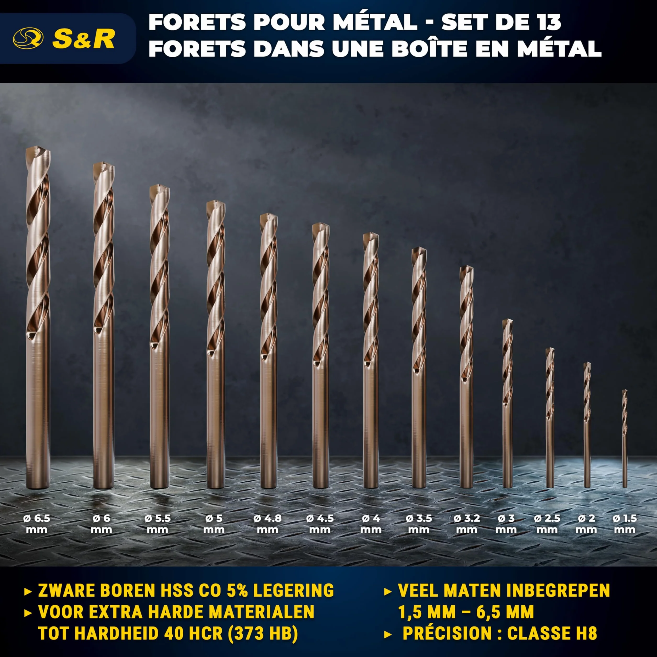 S&R Forets à Métaux HSS Cobalt 1-6,5 mm Set 13 Pièces DIN 338 Coffret Métal