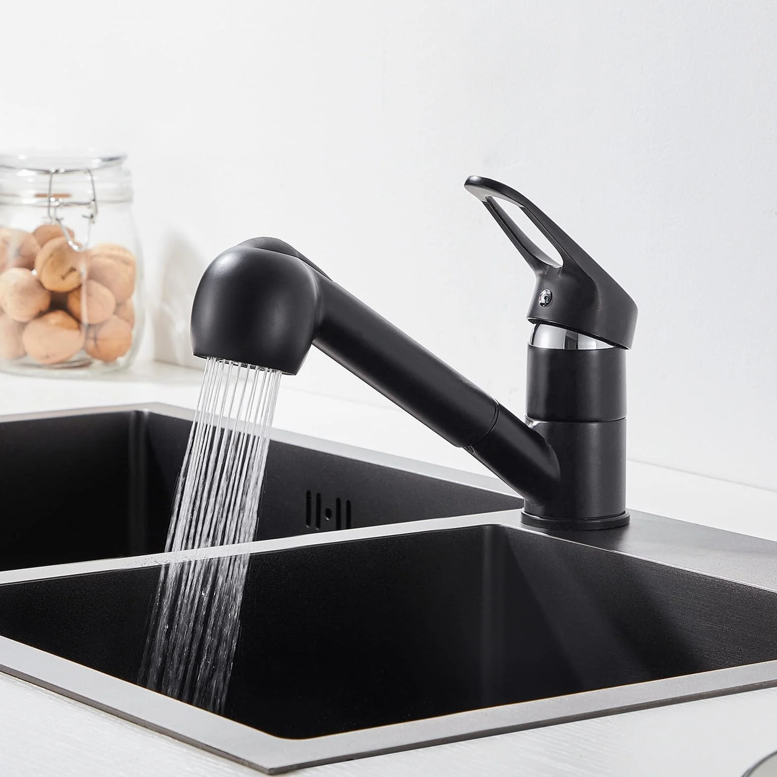 Auralum Robinet de Cuisine Noir Douchette Extractible 2 Jets Mitigeur Évier 360° Laiton Monotrou Eau Froide Chaude
