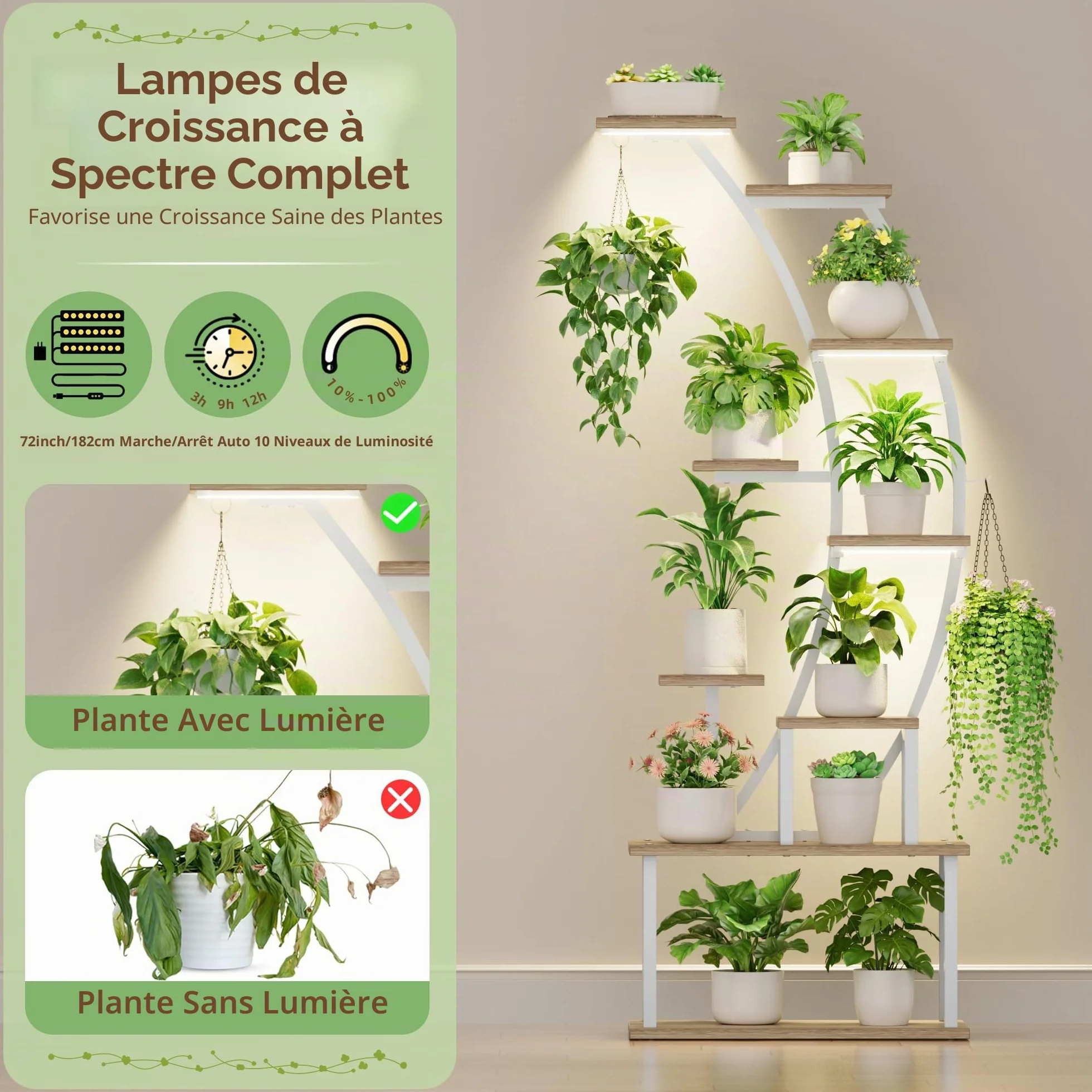 BACEKOLL Support pour plantes d'intérieur étagère métal 9 niveaux 160 cm lampe de croissance