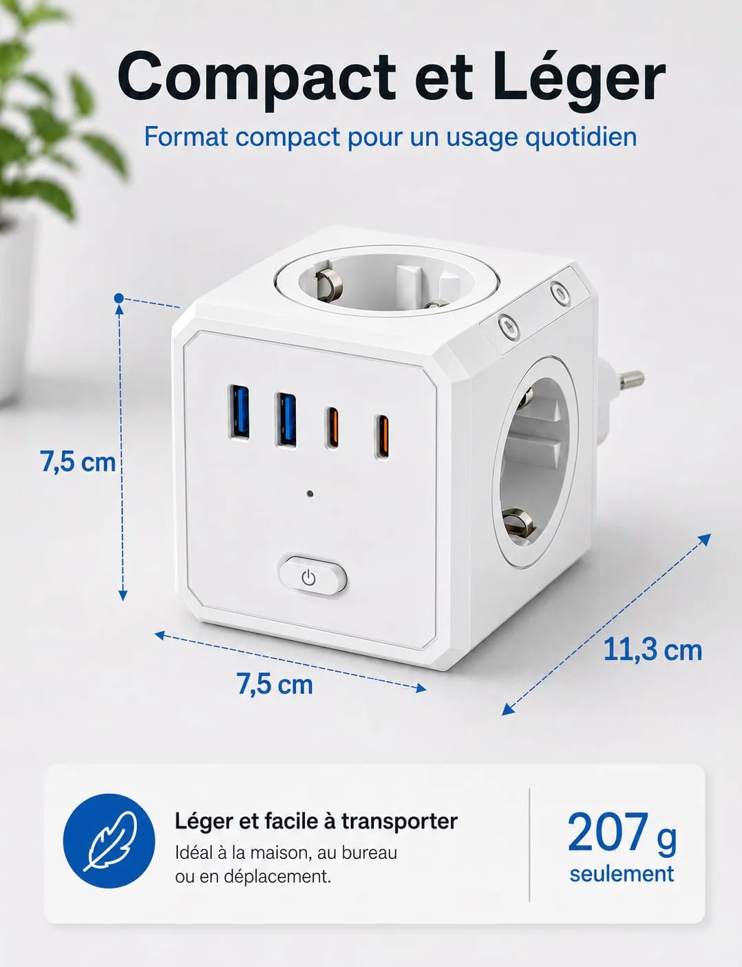 BURNNOVE Multiprise Murale USB C 8 en 1 4 Prises AC 2 USB-A 2 USB-C Interrupteur 16A 4000W Blanc