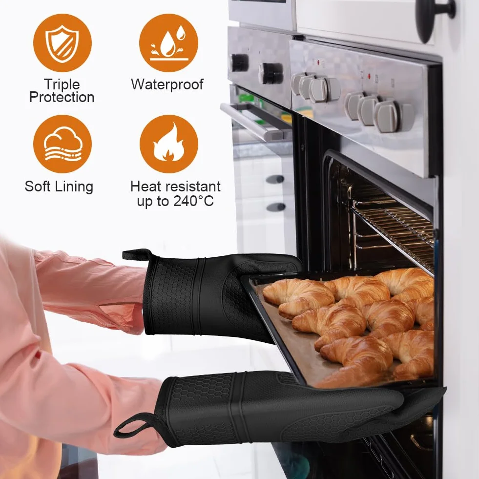 AUAUY 1 Paire Gants de Cuisine en Silicone avec 2 Maniques, Gants de Four Résistant à La Chaleur jusqu'à 240 °C, Gants de Cuisine Antidérapants pour Grillades, Cuisine, Four, Micro-Ondes, Noir