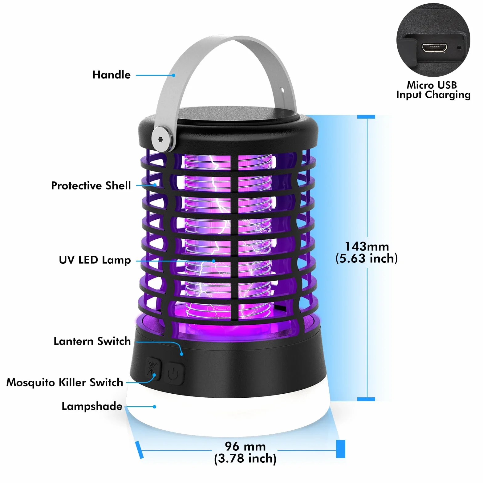 Lampe Anti Moustique Exterieur, Appareil Anti Moustique pour Camping avec Lumière LED, Destructeur d'Insectes, USB Rechargeable, IP66 Étanche, Batterie 2200mAh, Piege à Moustique Electrique