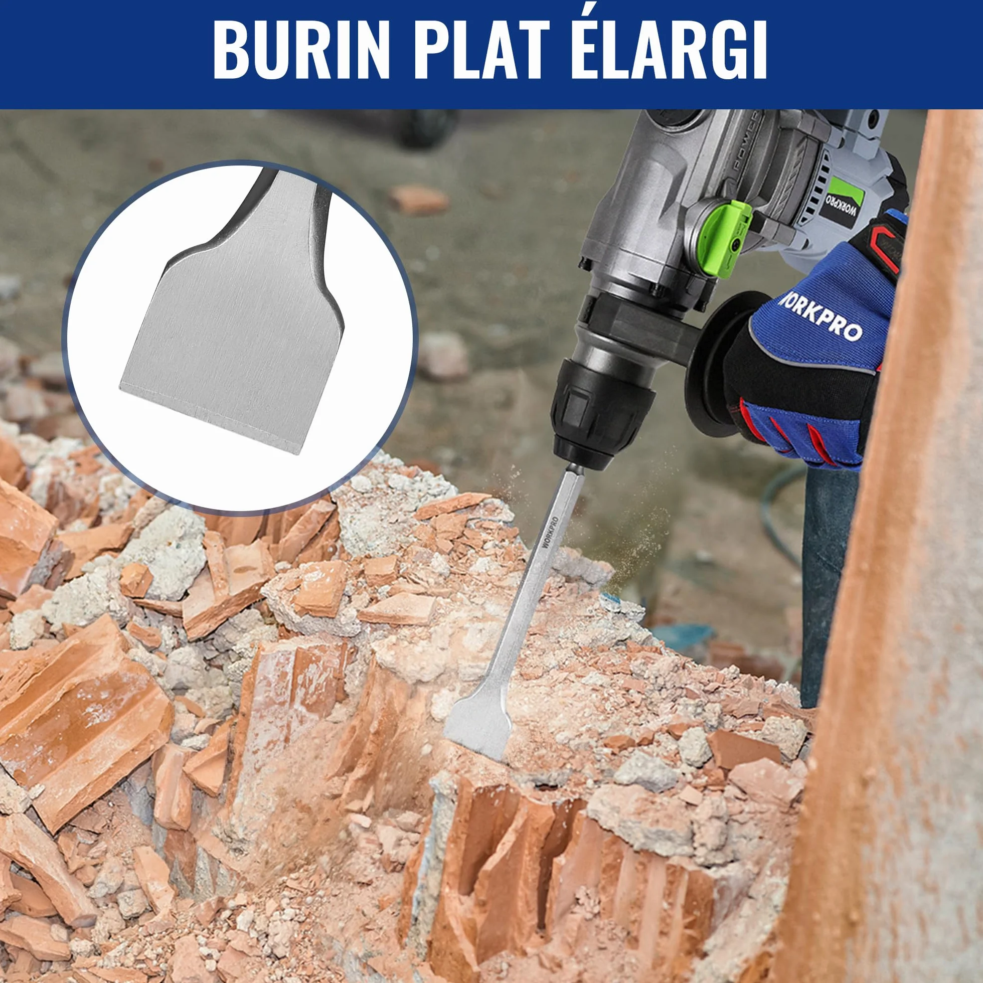 WORKPRO Jeu de Forets et Burins SDS Plus 17 Pièces, Forets à Béton avec Burins Pointus et Plats pour Maçonnerie