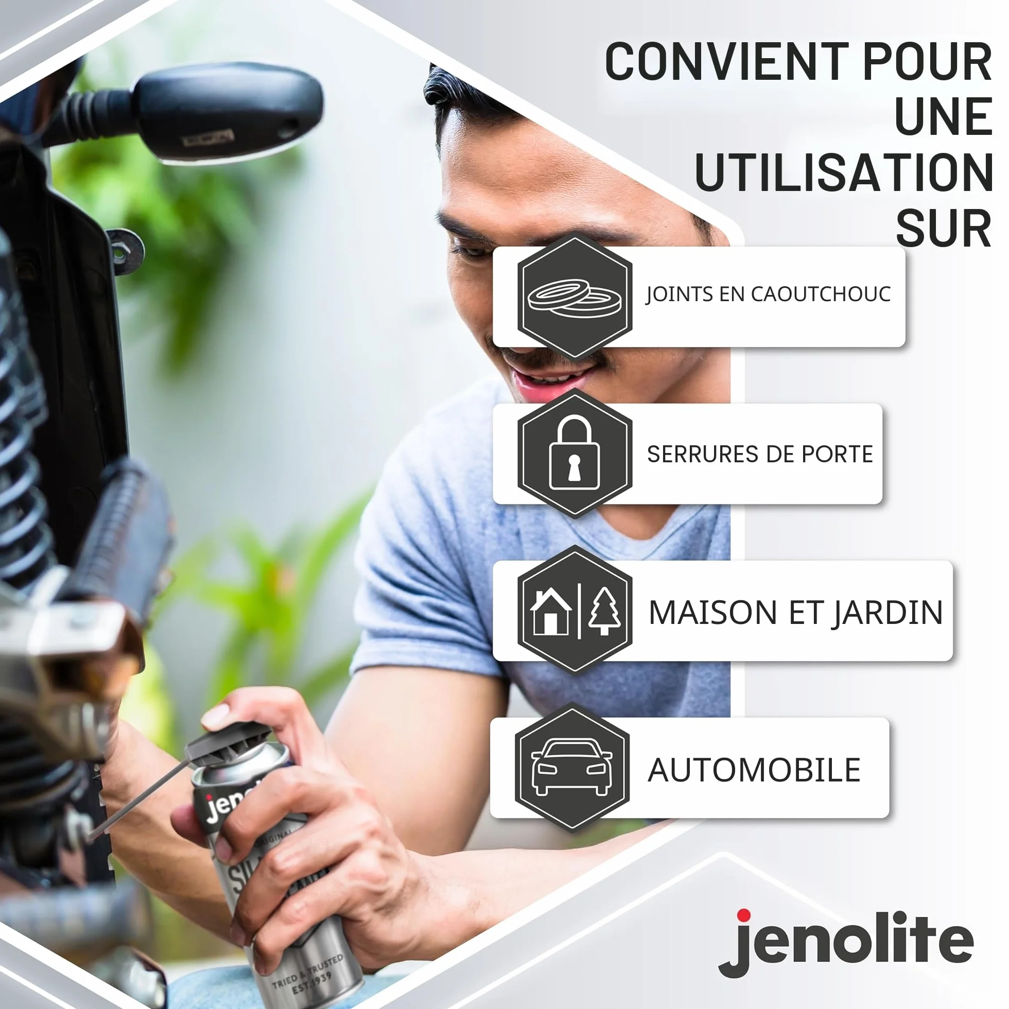 JENOLITE Spray silicone liquide en aérosol 400 ml pour bois, métal, plastique et caoutchouc