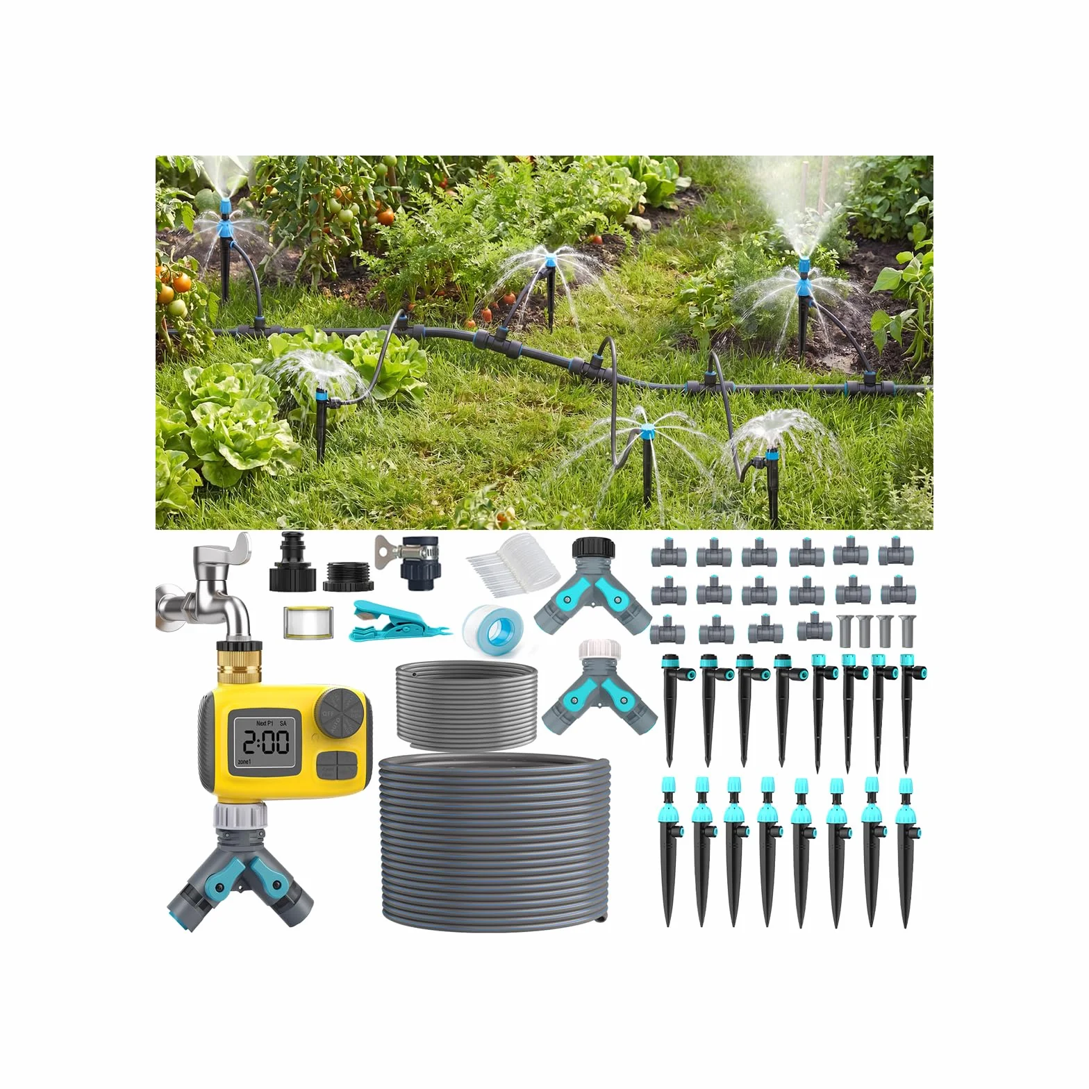 Kit d'irrigation goutte à goutte automatique 30 m avec programmateur TRJZWA 3 programmes, 3 types de goutteurs pour jardin