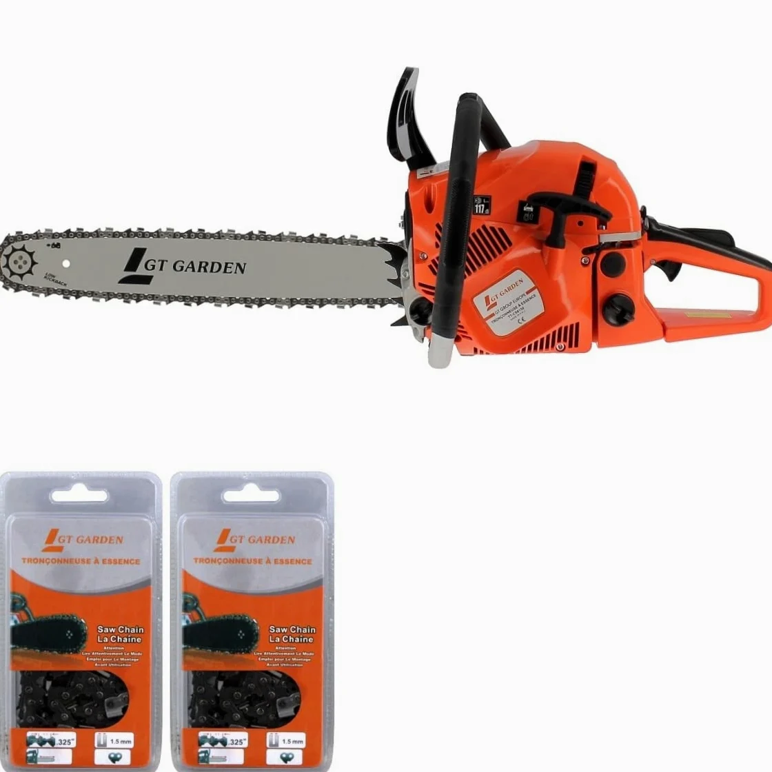 GT Garden Tronçonneuse Thermique 62 cm3, 3.5 CV, Guide 45 cm, 2 chaînes