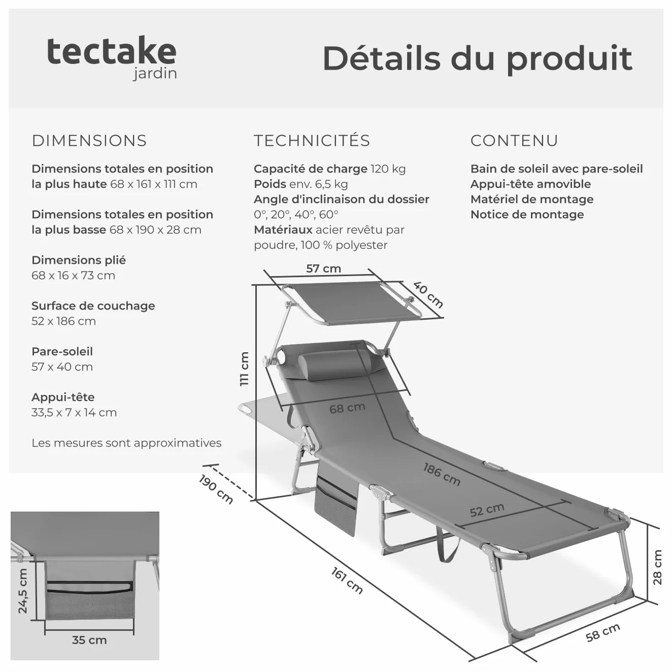 tectake Chaise Longue Pliante Bain de Soleil Jardin Exterieur avec Pare Soleil Appuie-tête Pochette