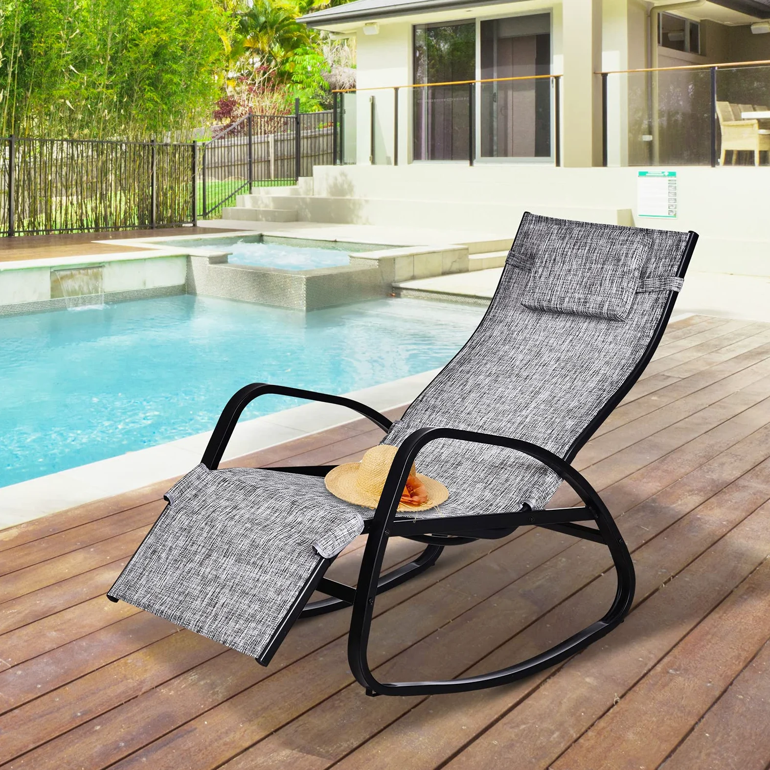 Outsunny Fauteuil à Bascule Dossier inclinable réglable Chaise Longue Pliable dim. 64L x 94l x 108H cm métal époxy Noir textilène Gris chiné