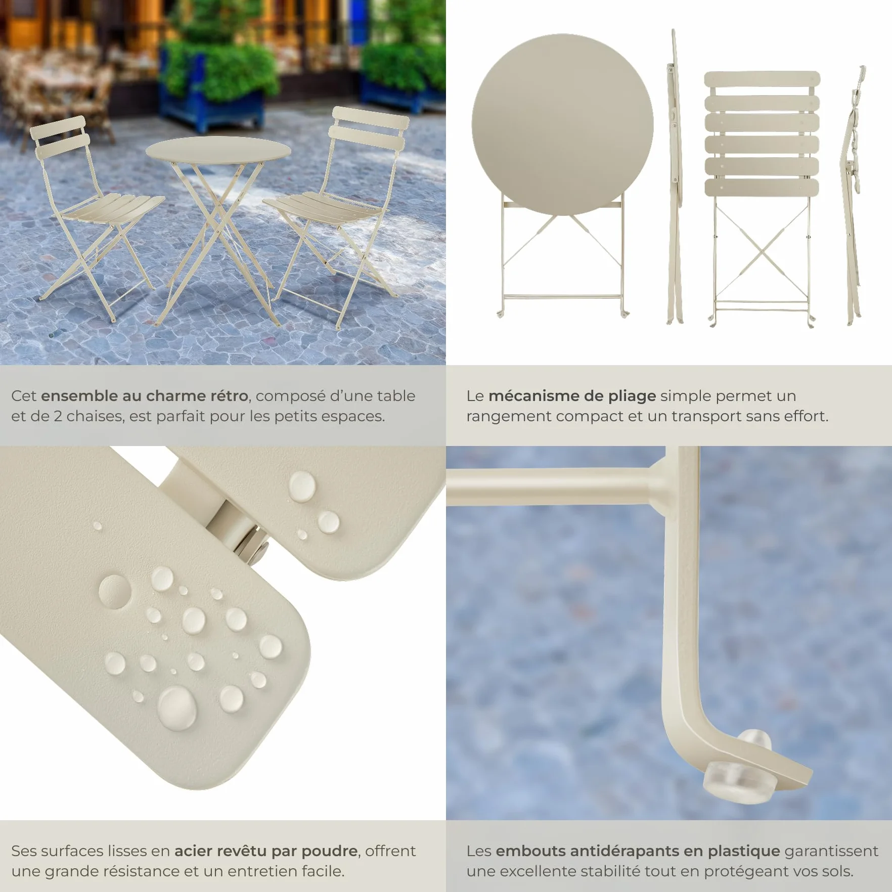 Ensemble Table Ronde et Chaises Pliantes de Jardin Acier Époxy 2 Places