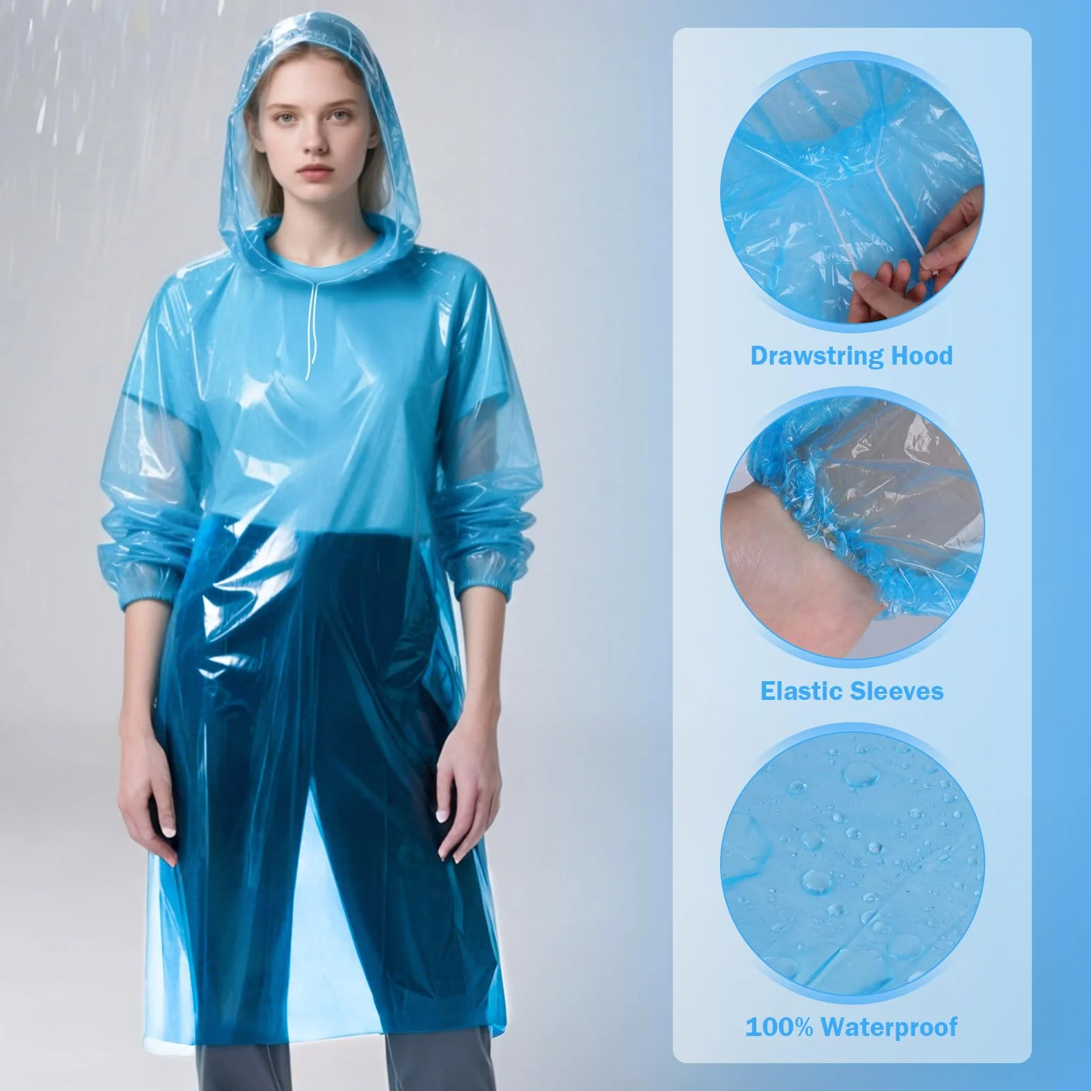 GAOHUI Lot de 4 Ponchos de Pluie Jetables Adultes Adolescents Capuche Protection Extérieur Transparent Bleu