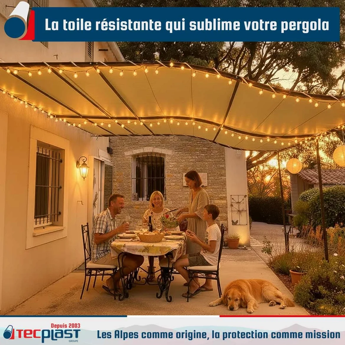 TECPLAST Pack Toile Pergola Beige foncé 3x4 m + Sandow Ivoire 20m - Bâche Pergola prête à Poser LP506PR Garantie 5 Ans