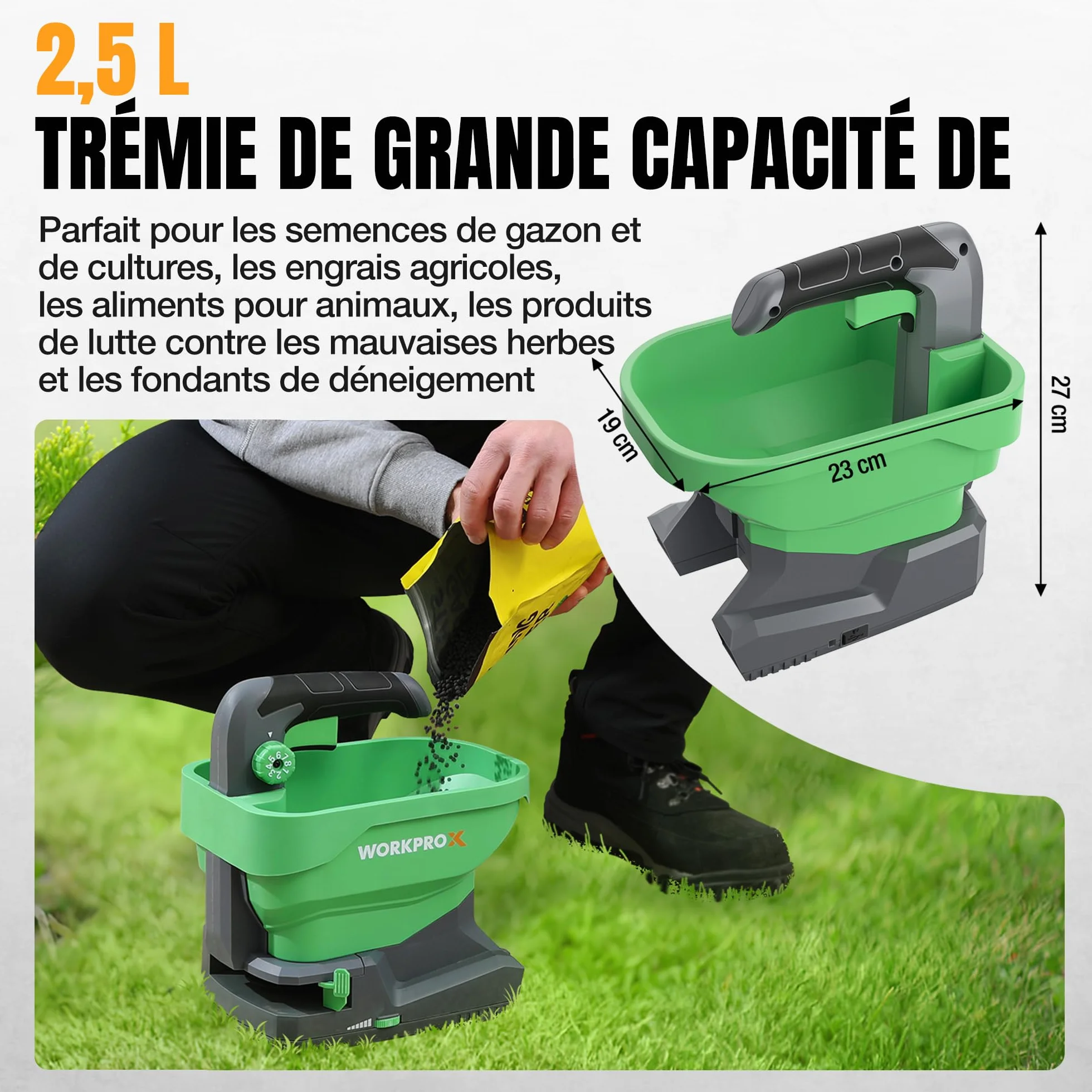 WORKPROX Épandeur de Graines Électrique 7,2 V 8 Débits 6 Vitesses Largeur Réglable Batterie Intégrée 2,0 Ah